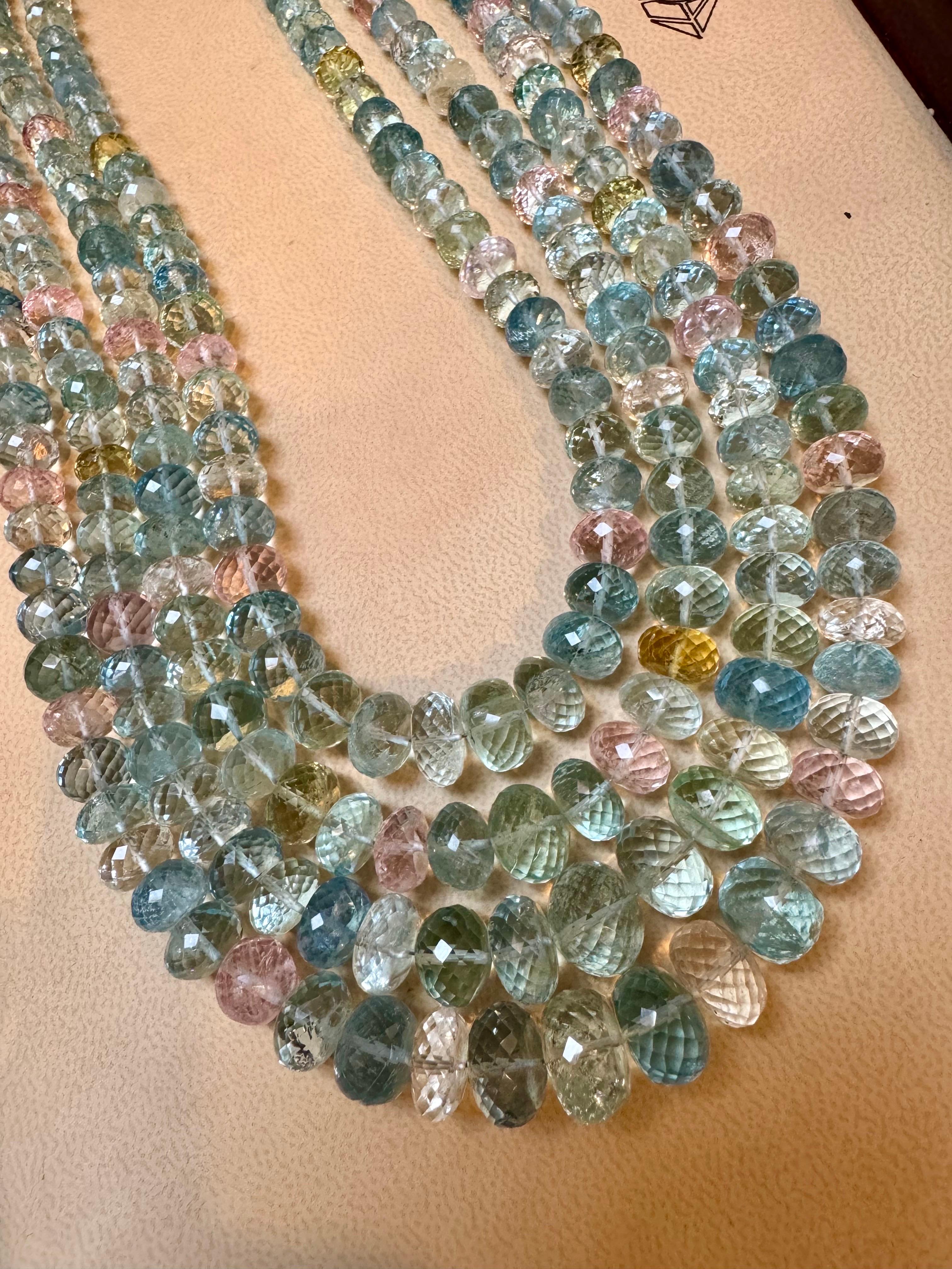 1000 Carat Natural Fine  Aquamarine Bead Necklace, Four Strand in Metal Clasp For Sale 6