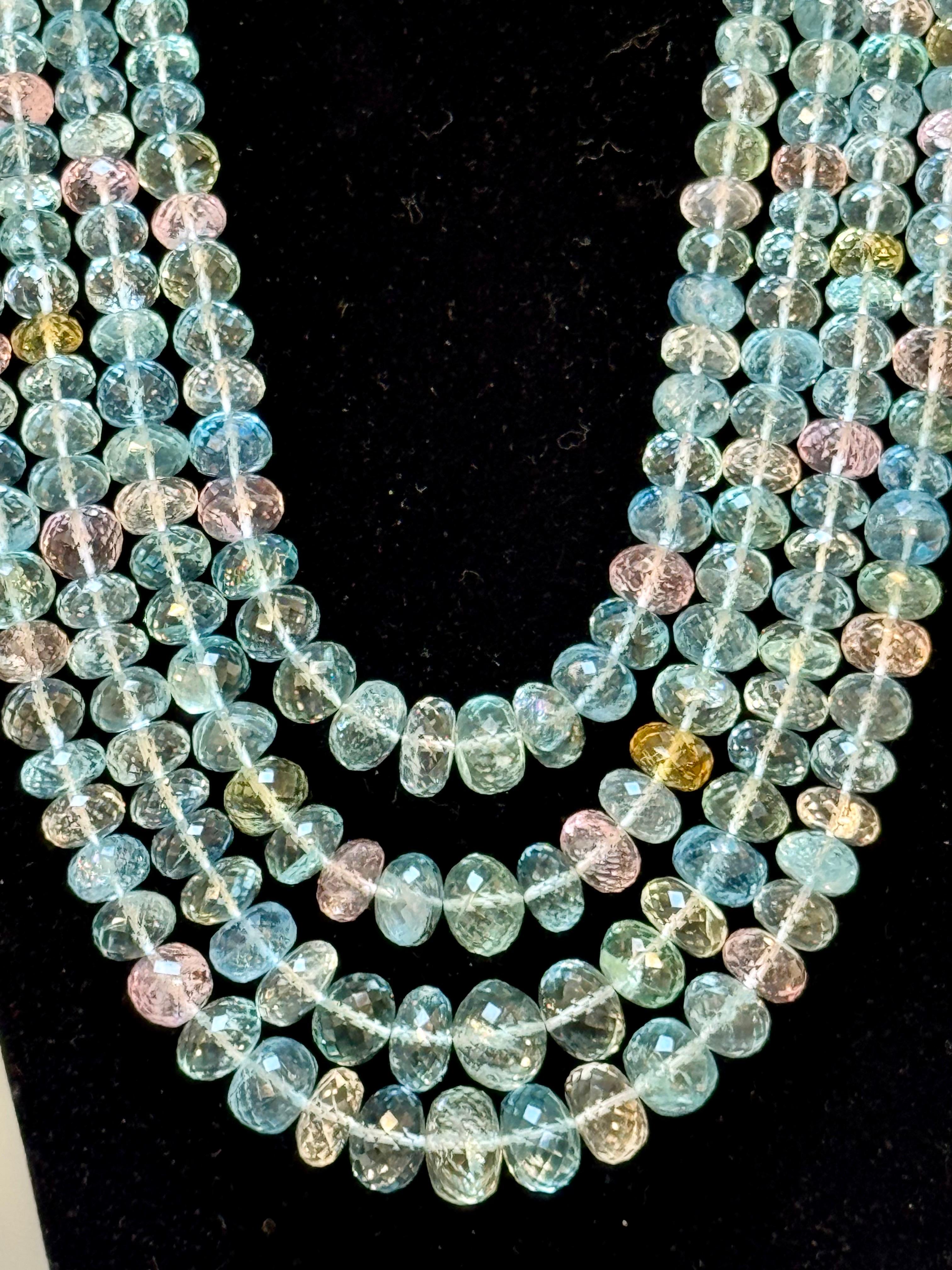 1000 Carat Natural Fine  Aquamarine Bead Necklace, Four Strand in Metal Clasp For Sale 8