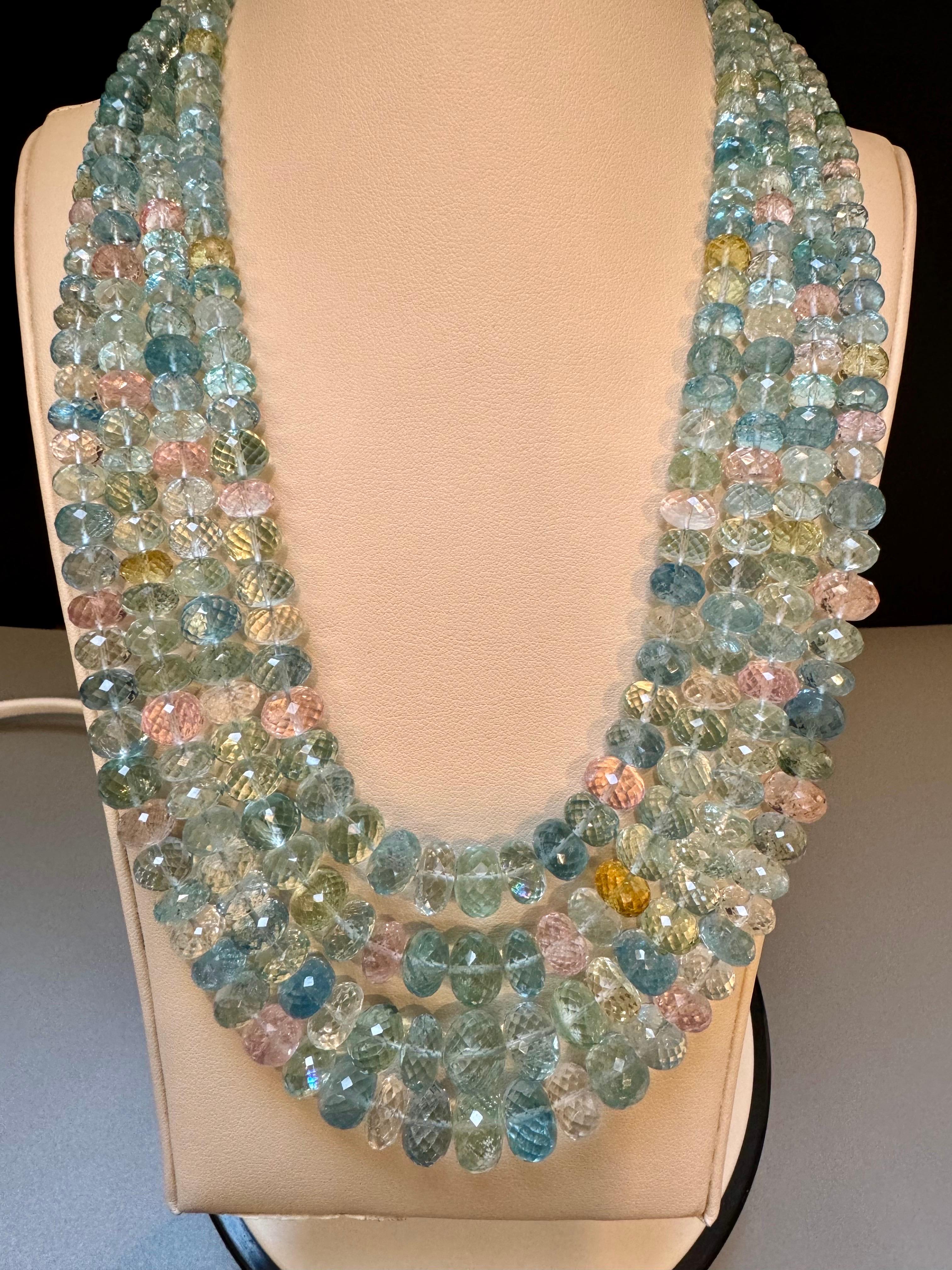 1000 Carat Natural Fine  Aquamarine Bead Necklace, Four Strand in Metal Clasp In Excellent Condition For Sale In New York, NY