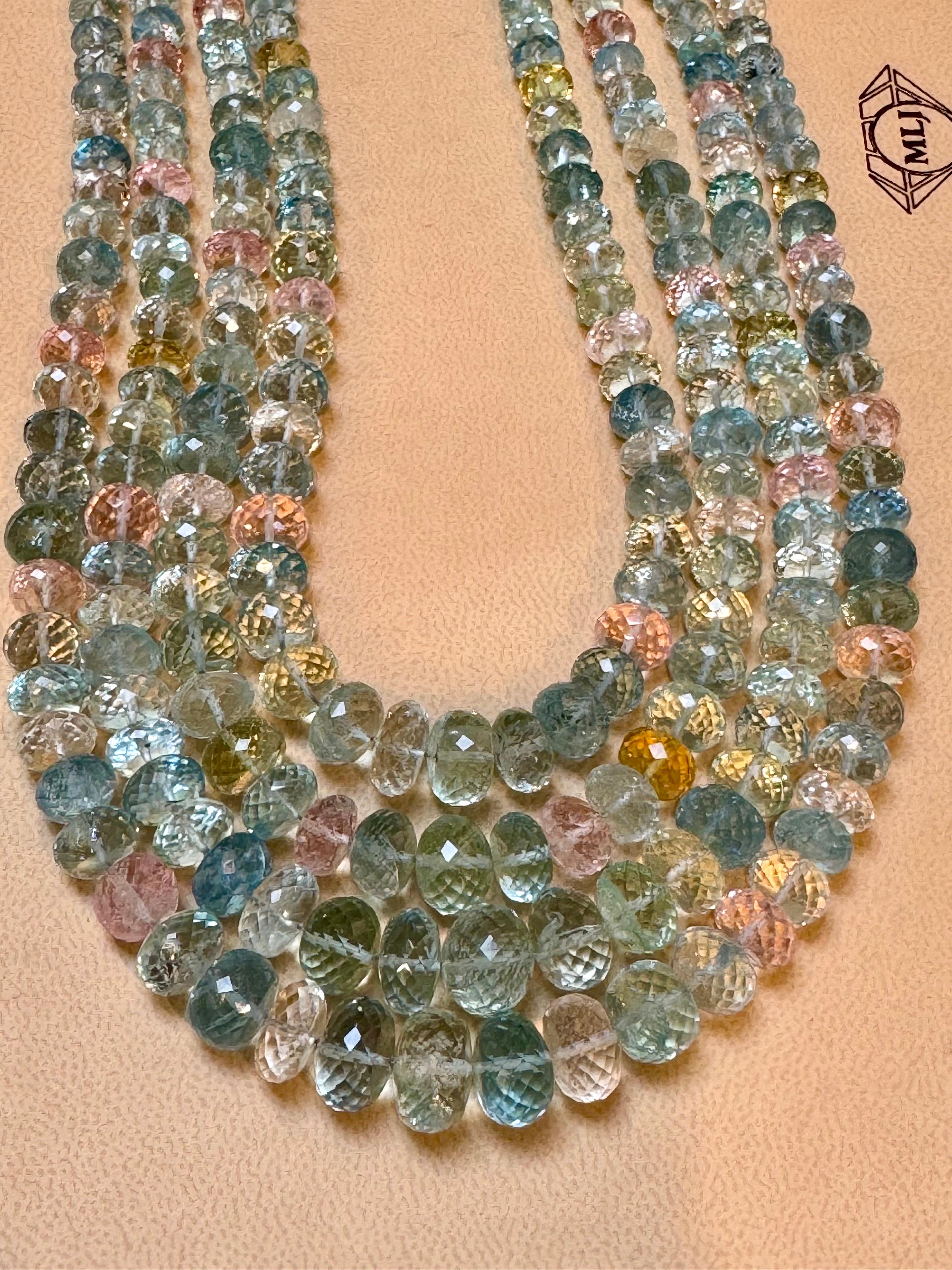 1000 Carat Natural Fine  Aquamarine Bead Necklace, Four Strand in Metal Clasp For Sale 3