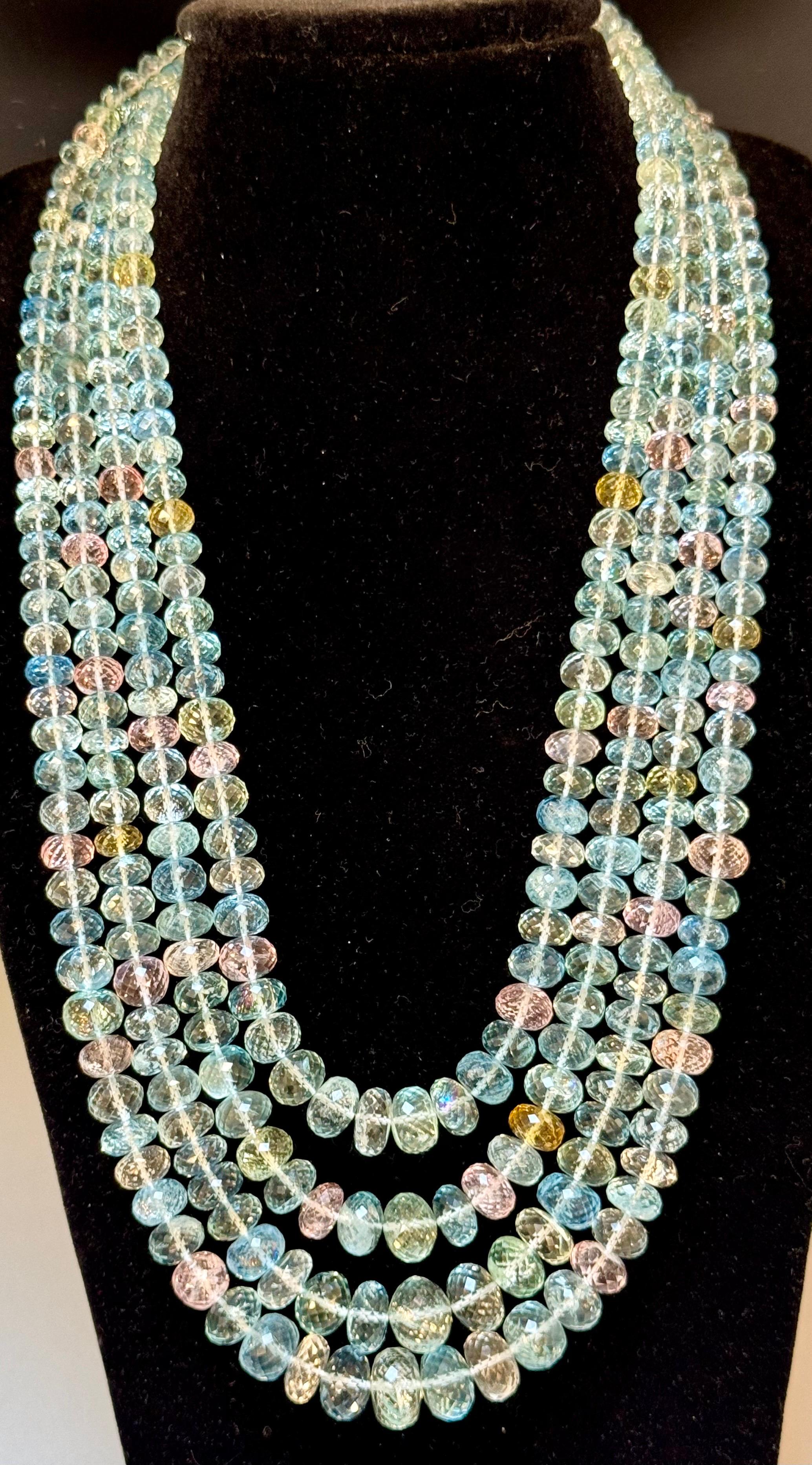 1000 Carat Natural Fine  Aquamarine Bead Necklace, Four Strand in Metal Clasp For Sale 4