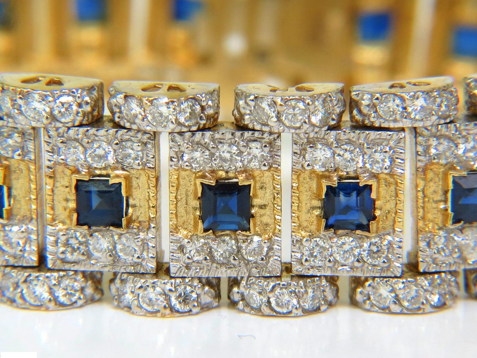 6.50ct. Diamonds
Edwardian inspired 
Diamonds, Rounds and full cuts
Vs-2 clarity, G-color
3.50ct. natural princess cut sapphires
Clean clarity 
Gem royal blue tone
Hand hinged work
The Bracelet all solid 14Kt. yellow gold.
42 Grams 
7.5 inches long