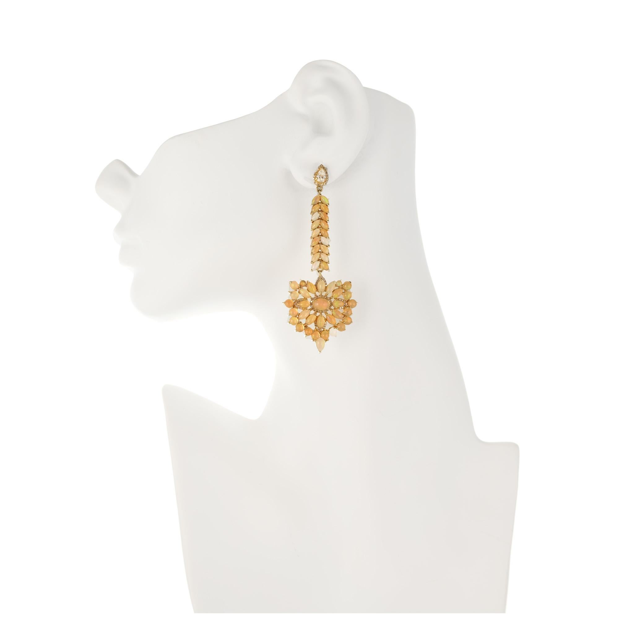 10.00 Carat Opal Diamond Yellow Gold Dangle Drop Earrings In Excellent Condition In Stamford, CT