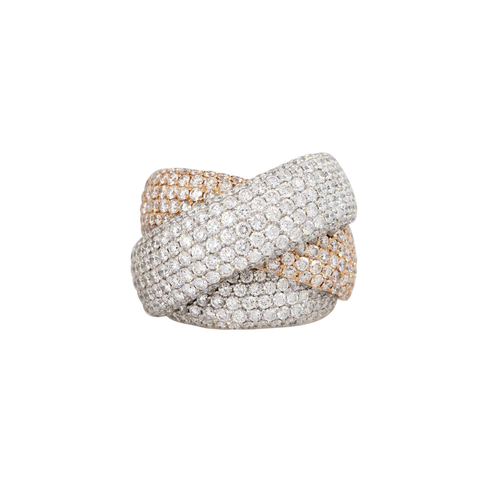 Round Cut 10.00 Carat Pave Diamond Thick Crossover Ring 18 Karat In Stock For Sale
