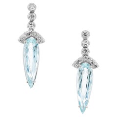 Antique 10.00 Carat Pear Shaped Aquamarine Diamond Gold Dangle Drop Earrings
