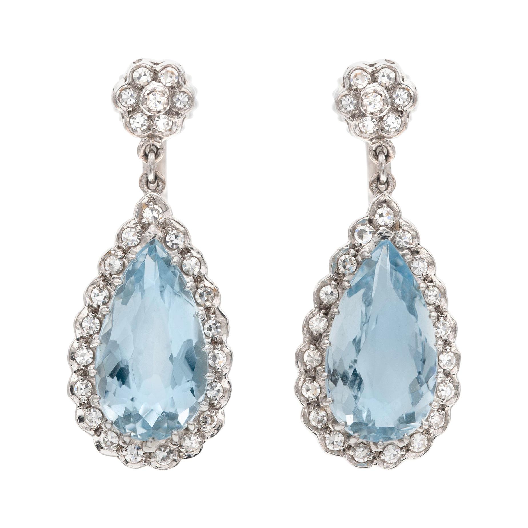 10.00 Carat Pear-Shaped Aquamarine Drop Earrings with Diamonds