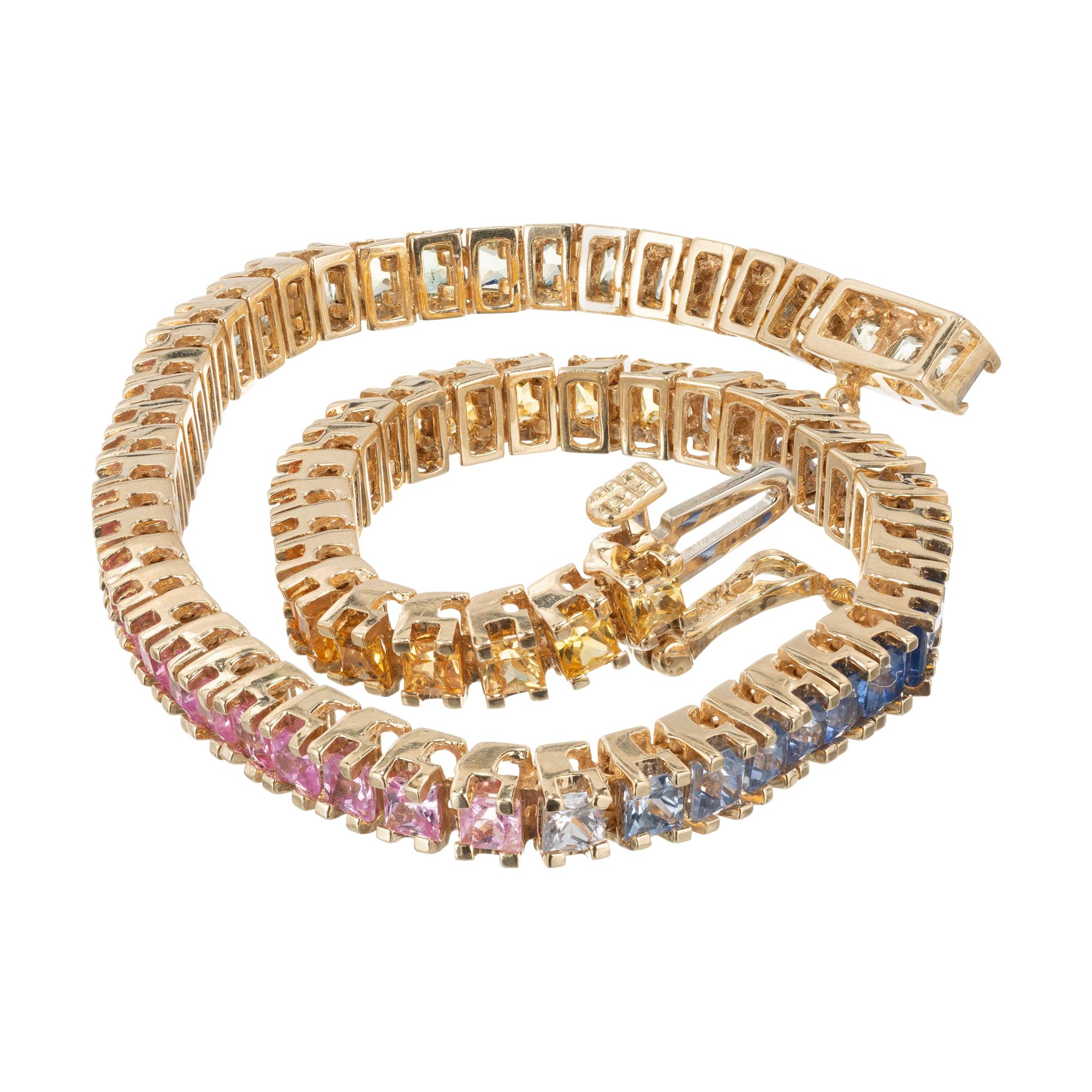 10.00 Carat Princess Multi-Color Sapphire Yellow Gold Link Tennis Bracelet For Sale