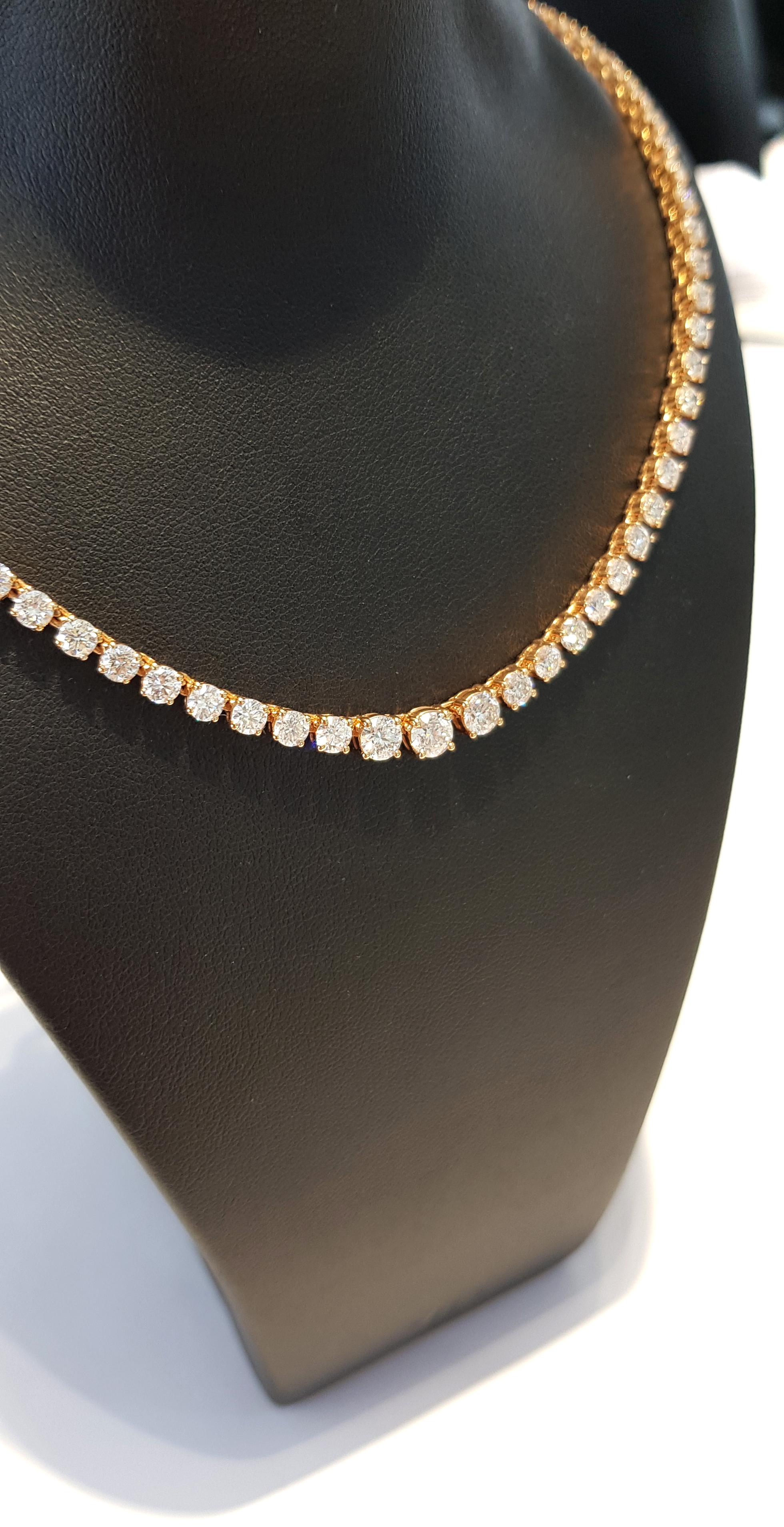 Modern Diamond 10 Carat Riviera Round 18 Karat Rose Gold Four Claw Line Tennis Necklace For Sale