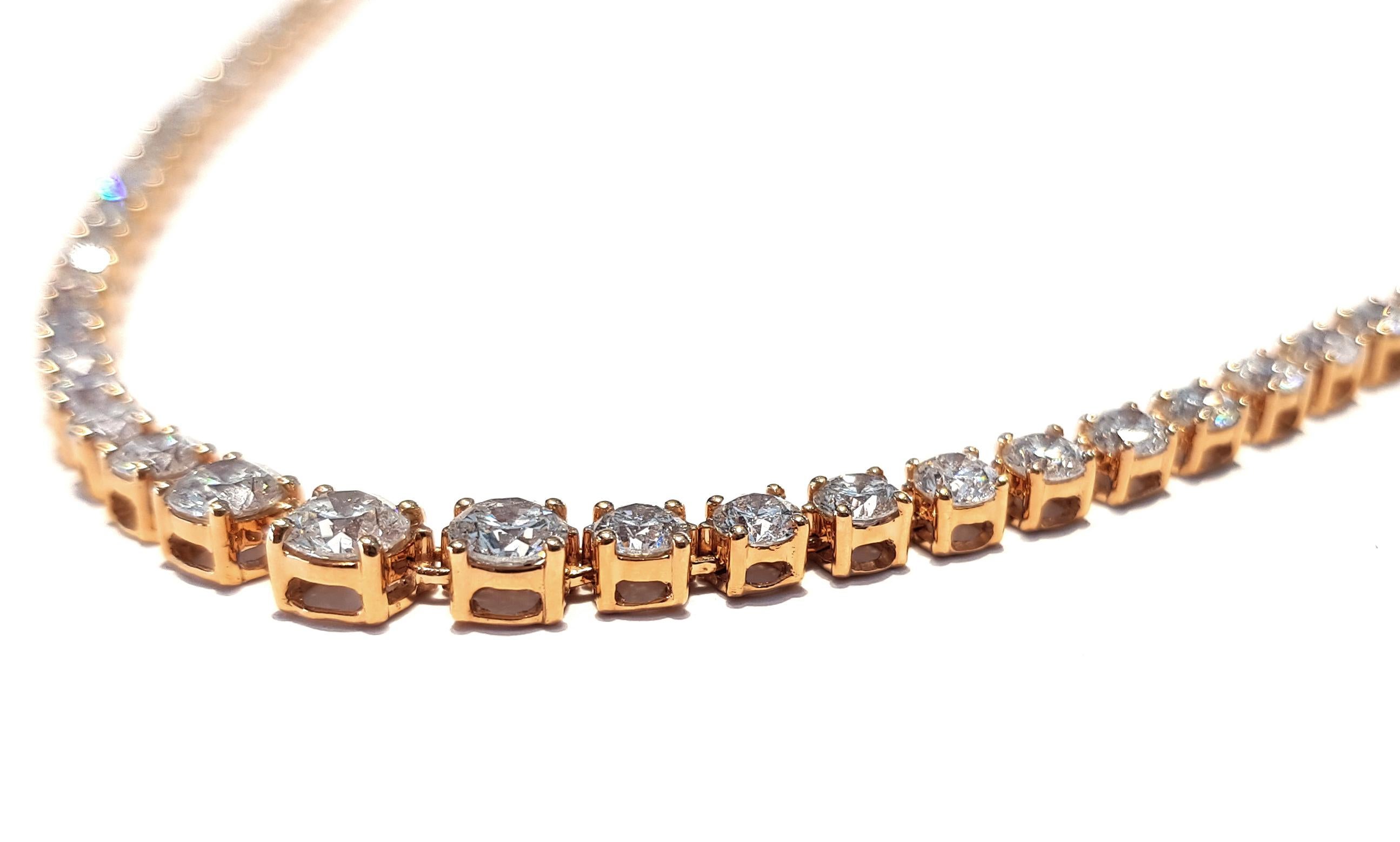 Women's Diamond 10 Carat Riviera Round 18 Karat Rose Gold Four Claw Line Tennis Necklace For Sale