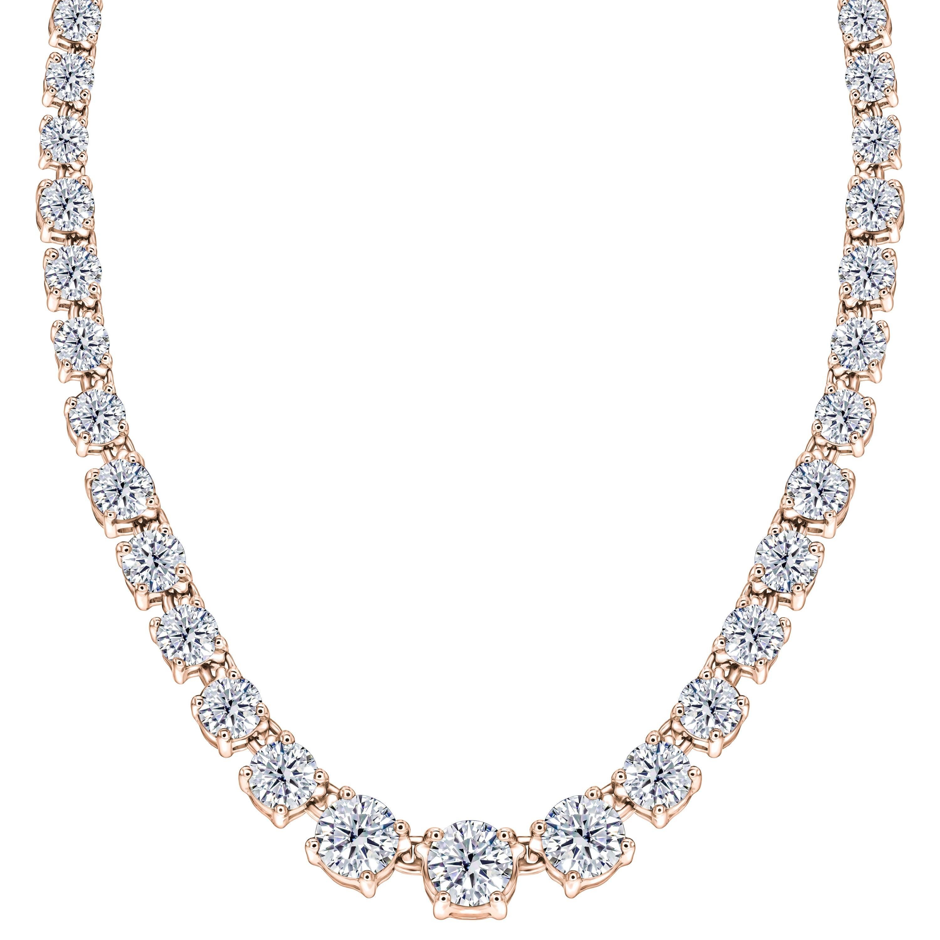 Diamond 10 Carat Riviera Round 18 Karat Rose Gold Four Claw Line Tennis Necklace For Sale
