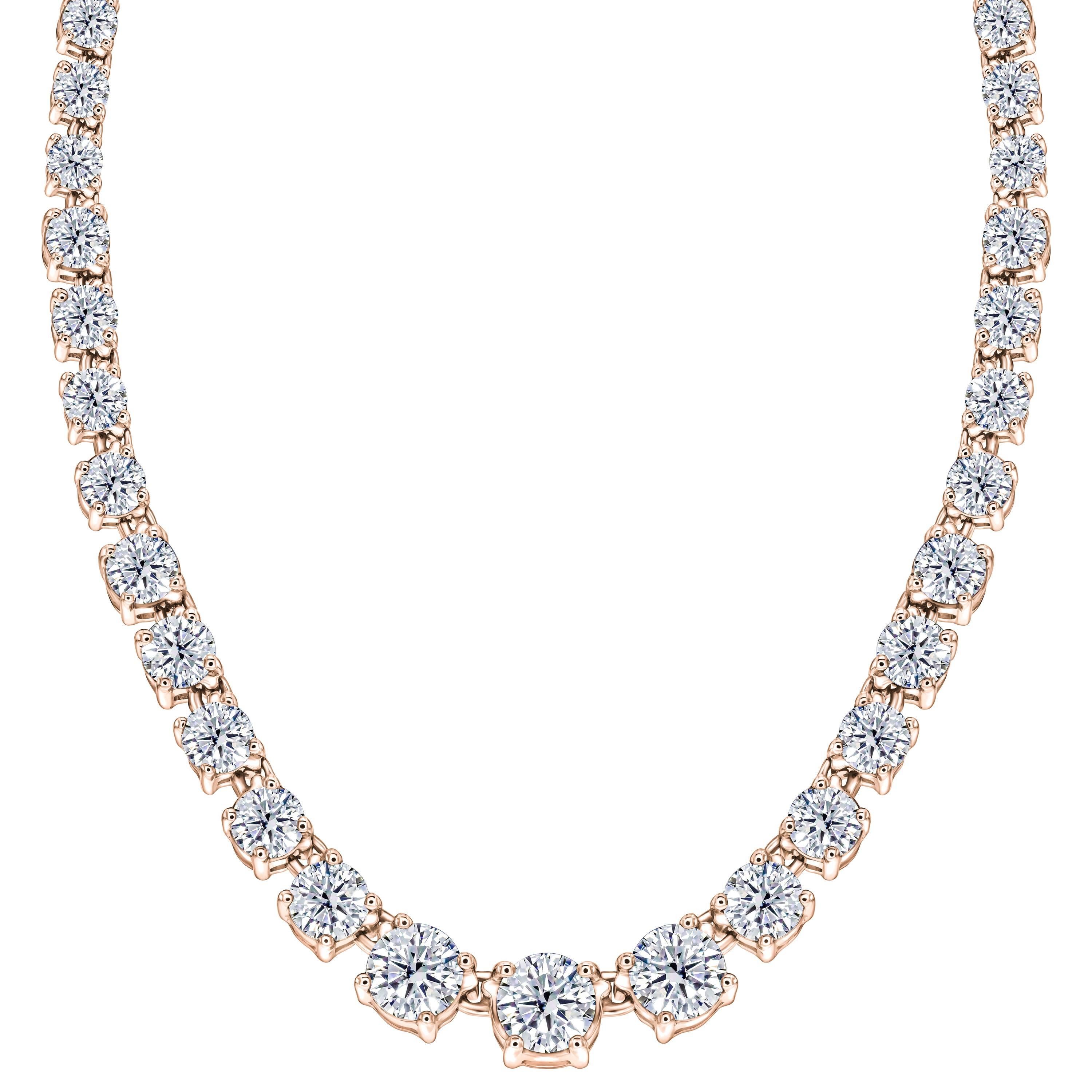 Diamond 10 Carat Riviera Round 18 Karat Rose Gold Four Claw Line Tennis Necklace For Sale