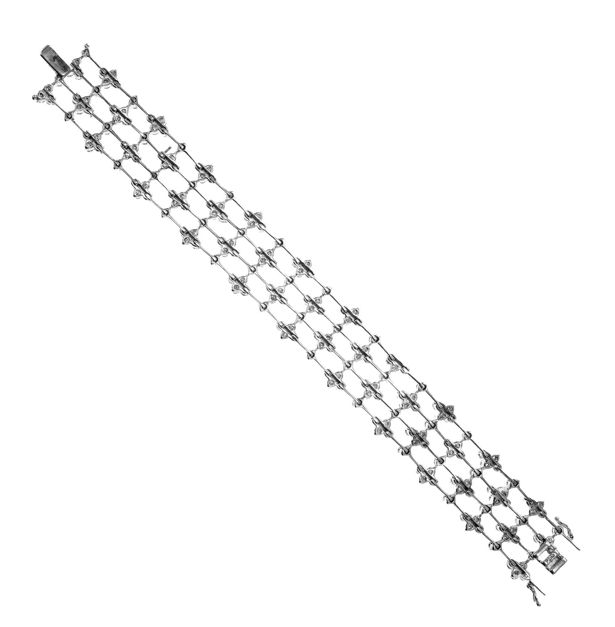 Round Cut 10.00 Carat Round Diamond White Gold Wide Artistic Design Multi-Row Bracelet For Sale