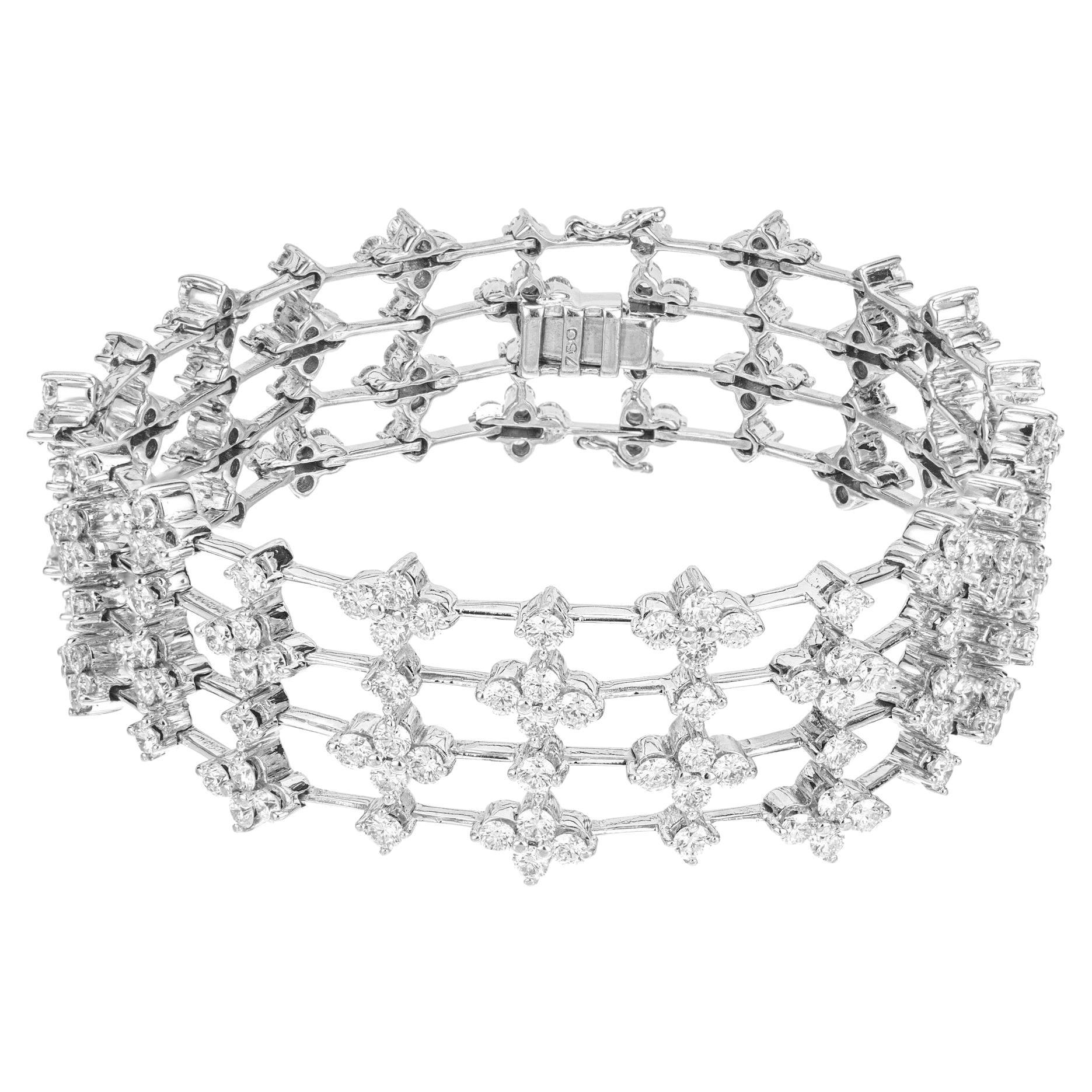 10.00 Carat Round Diamond White Gold Wide Artistic Design Multi-Row Bracelet For Sale