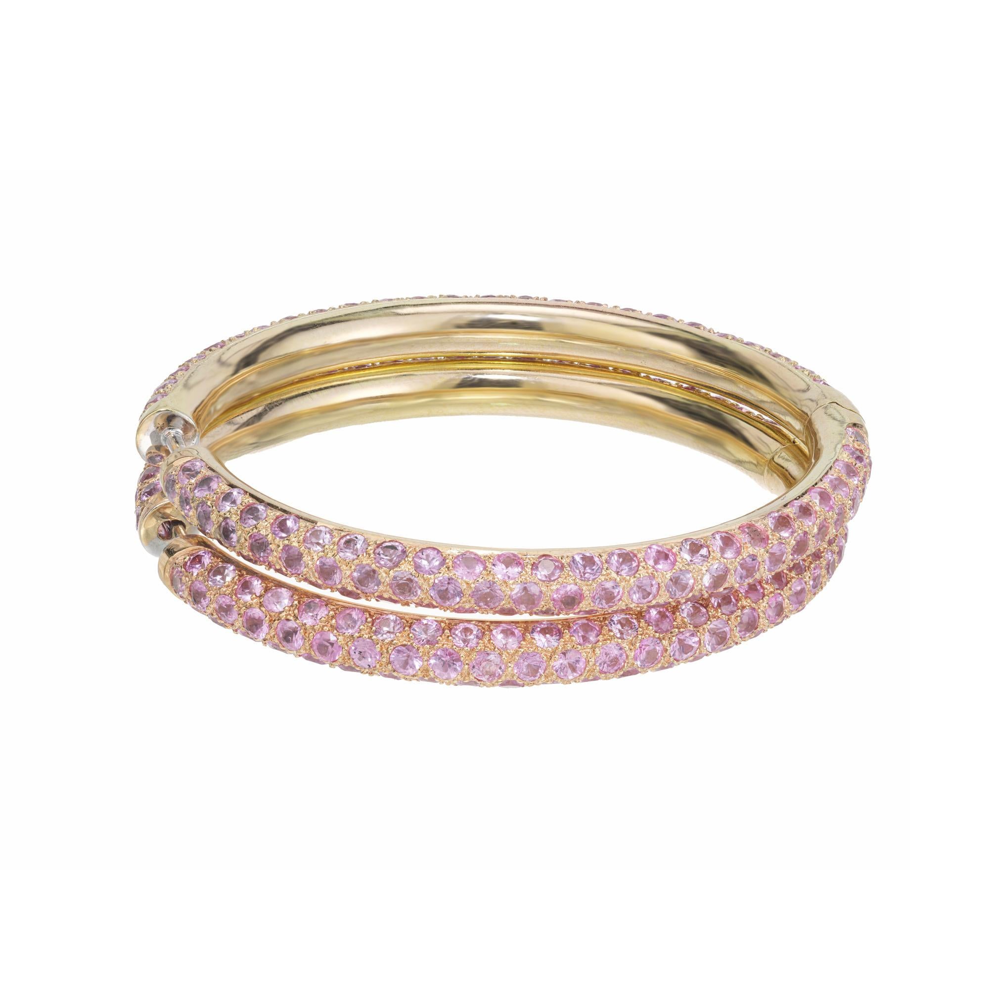 Round Cut 10.00 Carat Round Pink Sapphire Yellow Gold Hoop Earrings For Sale