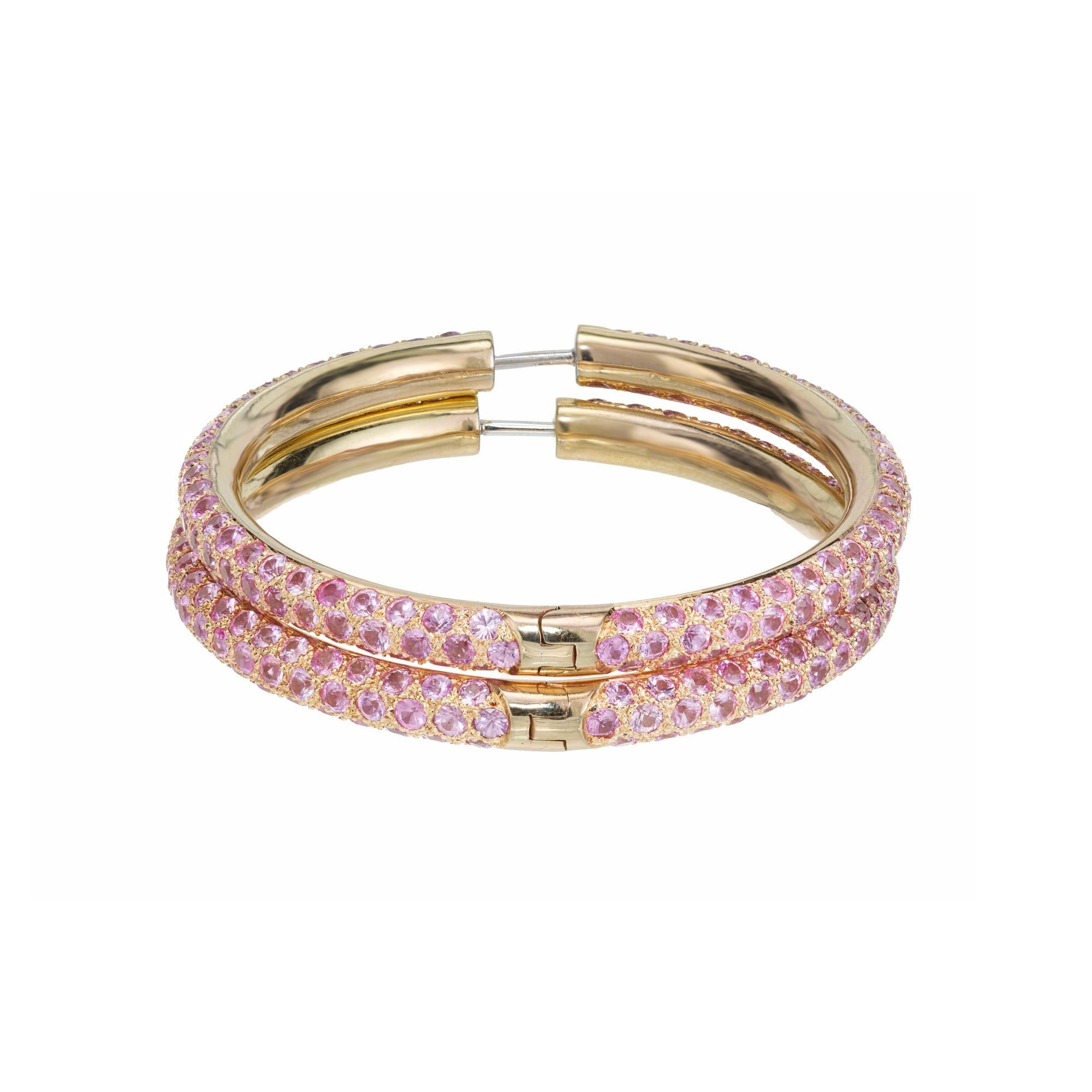 10.00 Carat Round Pink Sapphire Yellow Gold Hoop Earrings For Sale 1