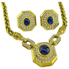 10.00 Carat Sapphire 3.00 Carat Diamond Gold Necklace and Earrings Set
