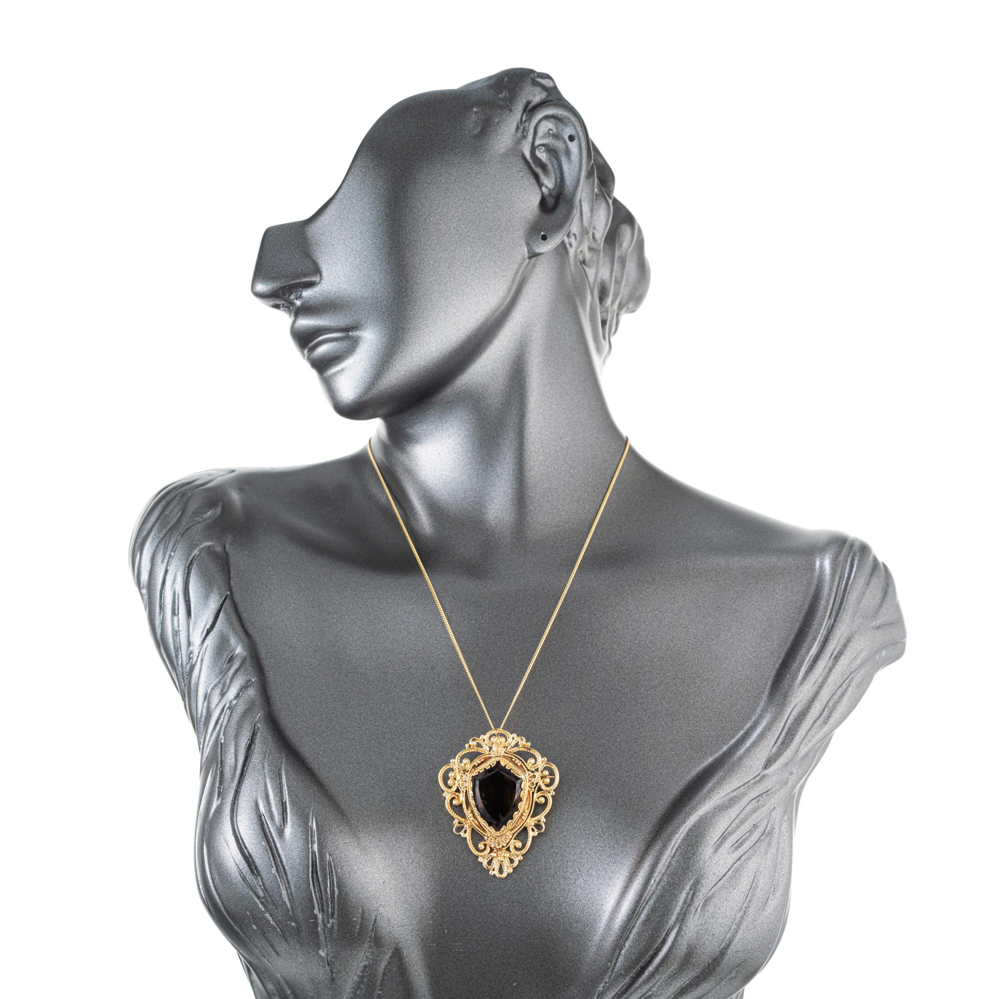 10.00 Carat Smoky Quartz Shield Shape Gold Mid-Century Brooch Pendant Necklace For Sale 1