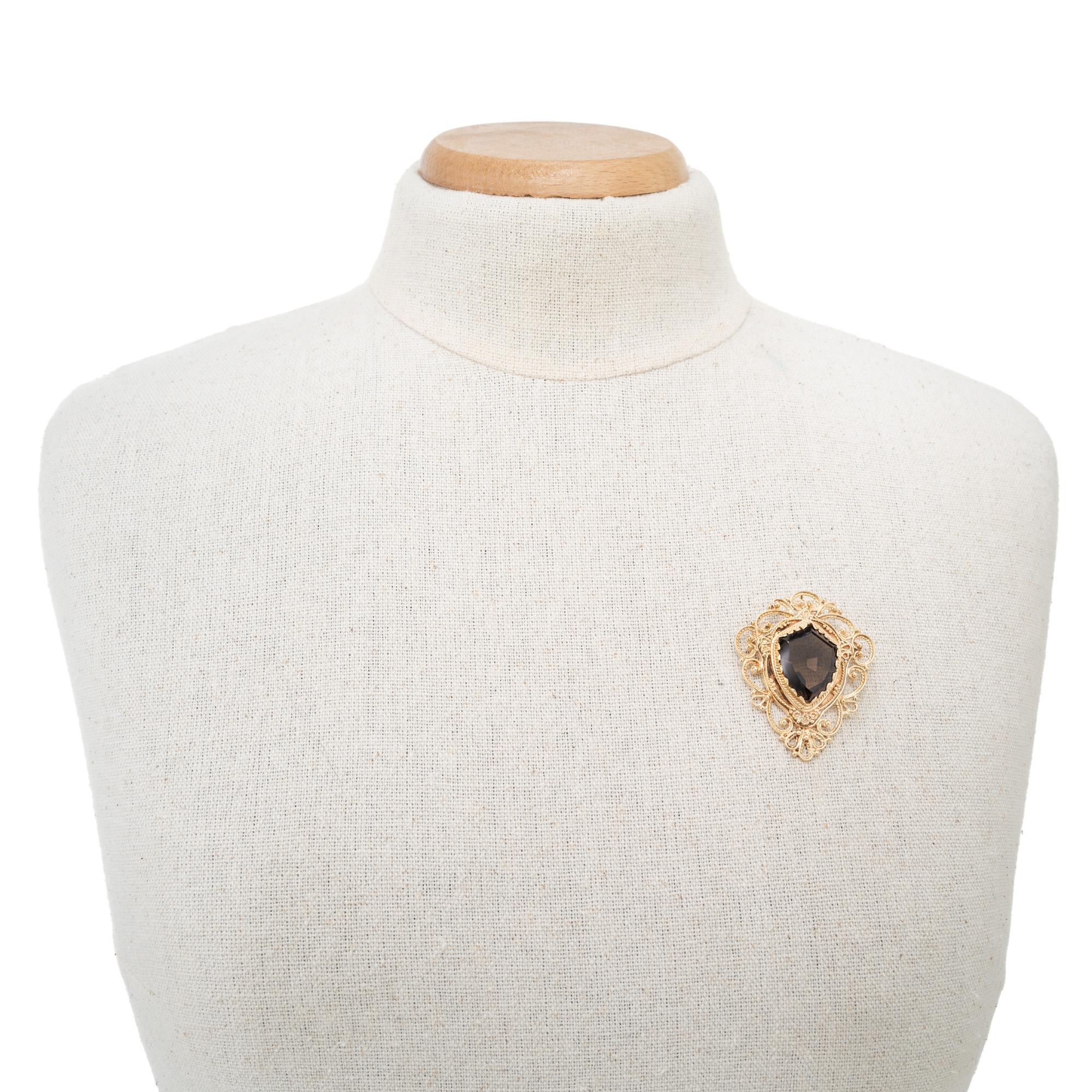 10.00 Carat Smoky Quartz Shield Shape Gold Mid-Century Brooch Pendant Necklace For Sale 2