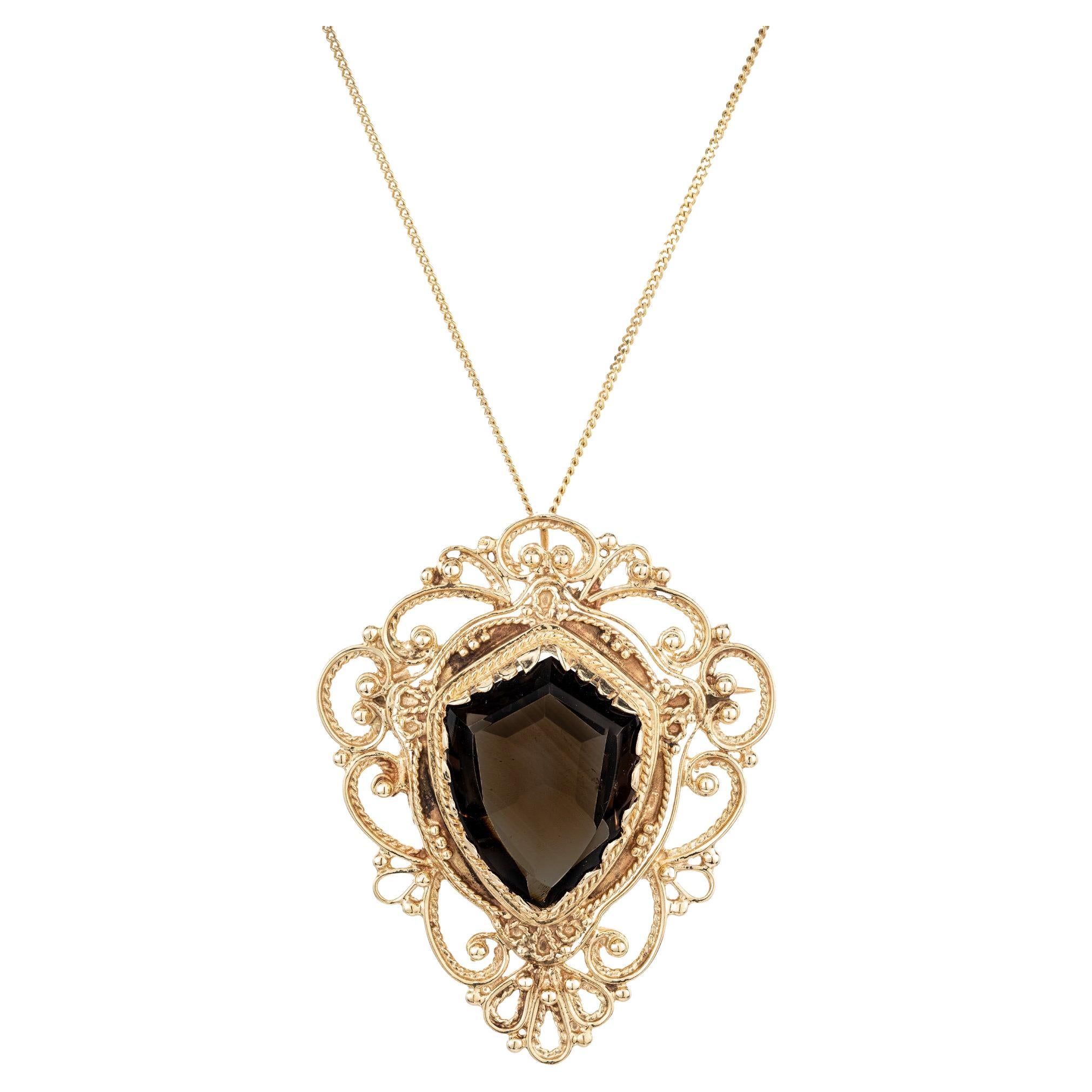 10.00 Carat Smoky Quartz Shield Shape Gold Mid-Century Brooch Pendant Necklace For Sale