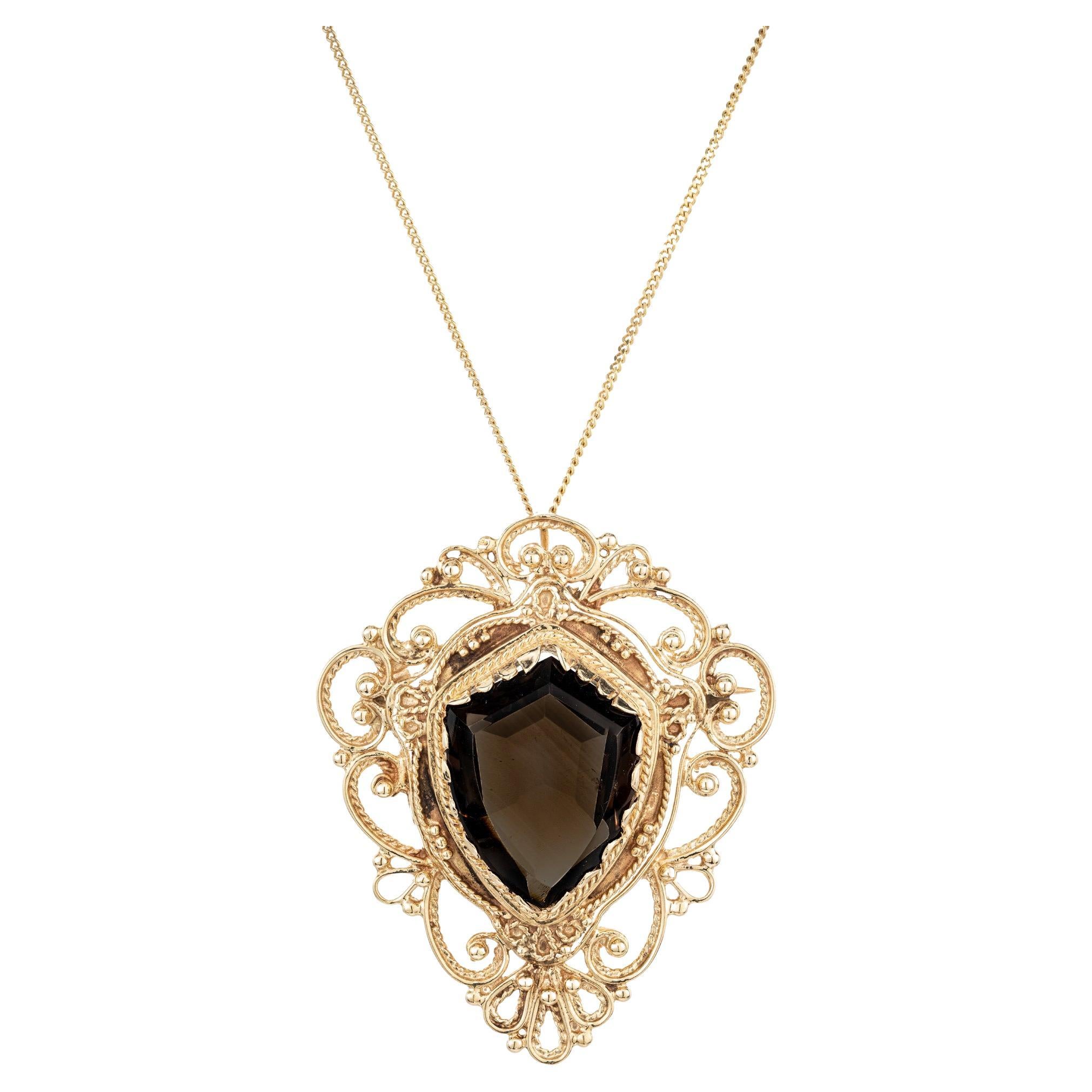 10.00 Carat Smoky Quartz Shield Shape Gold Mid-Century Brooch Pendant Necklace