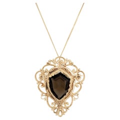 Retro 10.00 Carat Smoky Quartz Shield Shape Gold Mid-Century Brooch Pendant Necklace