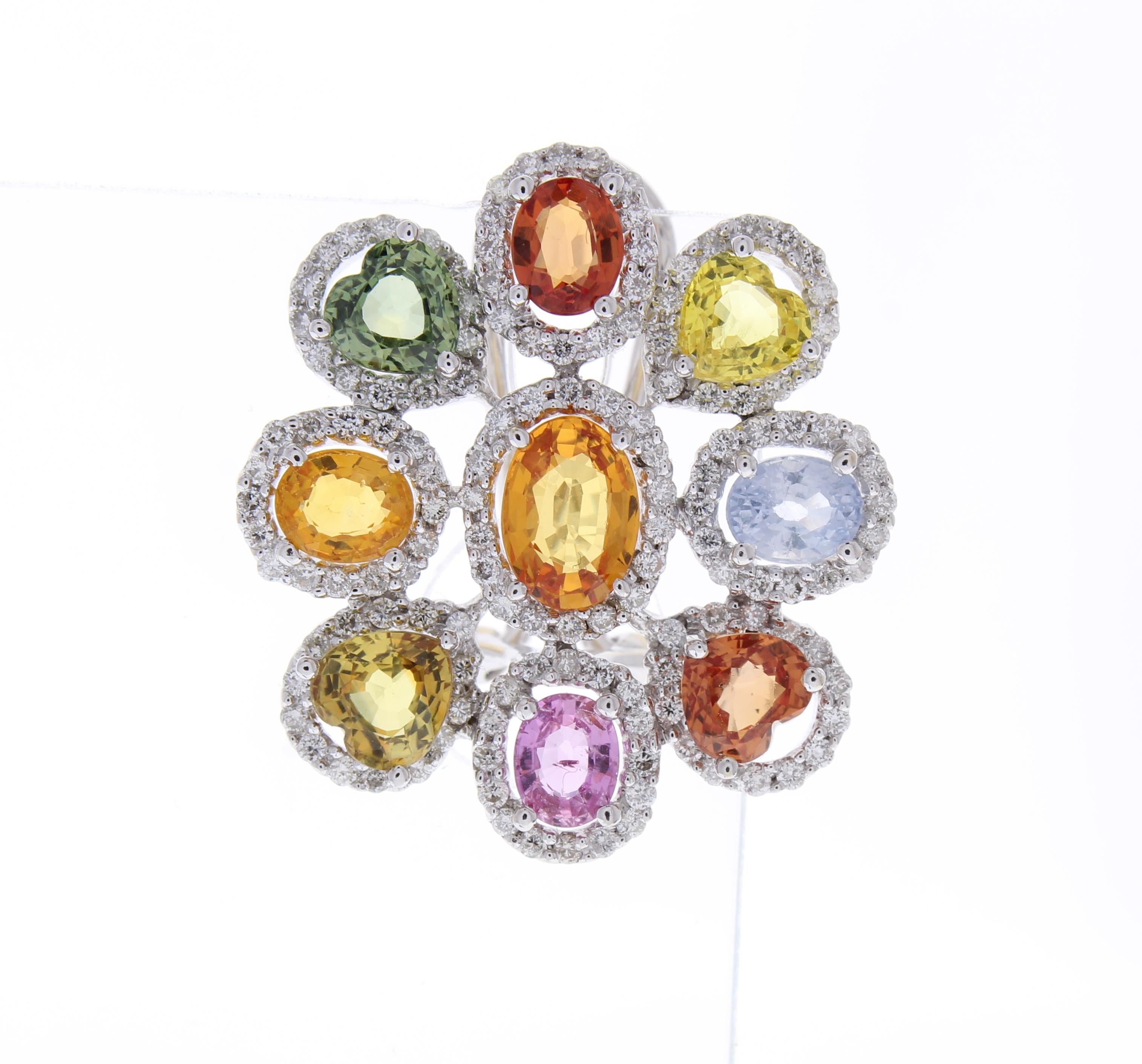 Contemporary 10.00 Carat Total Multi-Color Sapphire & Diamond Earrings in 18 Karat White Gold