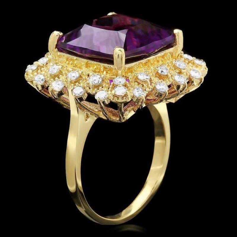 10.00 Carats Natural  Impressive Amethyst and Diamond 14K Yellow Gold Ring

Total Amethyst Weight: Approx. 9.20 Carats 

Amethyst Measures: Approx. 13 x 13mm

Natural Round Diamonds Weight: 0.80 Carats (color G-H / Clarity SI1-SI2)

Ring size: 7