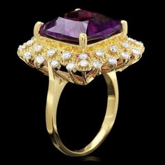 10.00 Carats Natural Amethyst and Diamond 14k Solid Yellow Gold Ring