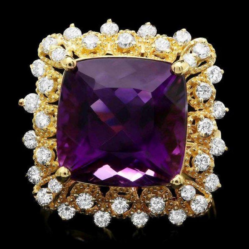Mixed Cut 10.00 Carats Natural Amethyst and Diamond 14k Solid Yellow Gold Ring For Sale