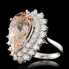 10.00 Carats Natural Morganite and Diamond 14K Solid White Gold Ring