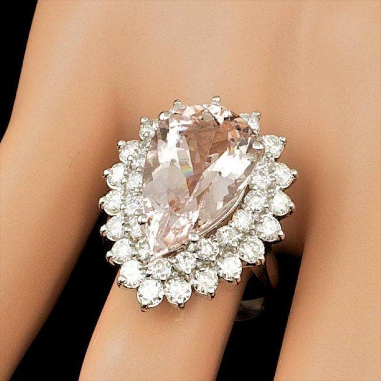 Mixed Cut 10.00 Carats Natural Morganite and Diamond 14K Solid White Gold Ring For Sale