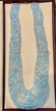 1000 Ct 7 Layer Natural Aquamarine Bead Necklace 14 Kt Gold and Diamond Necklace
