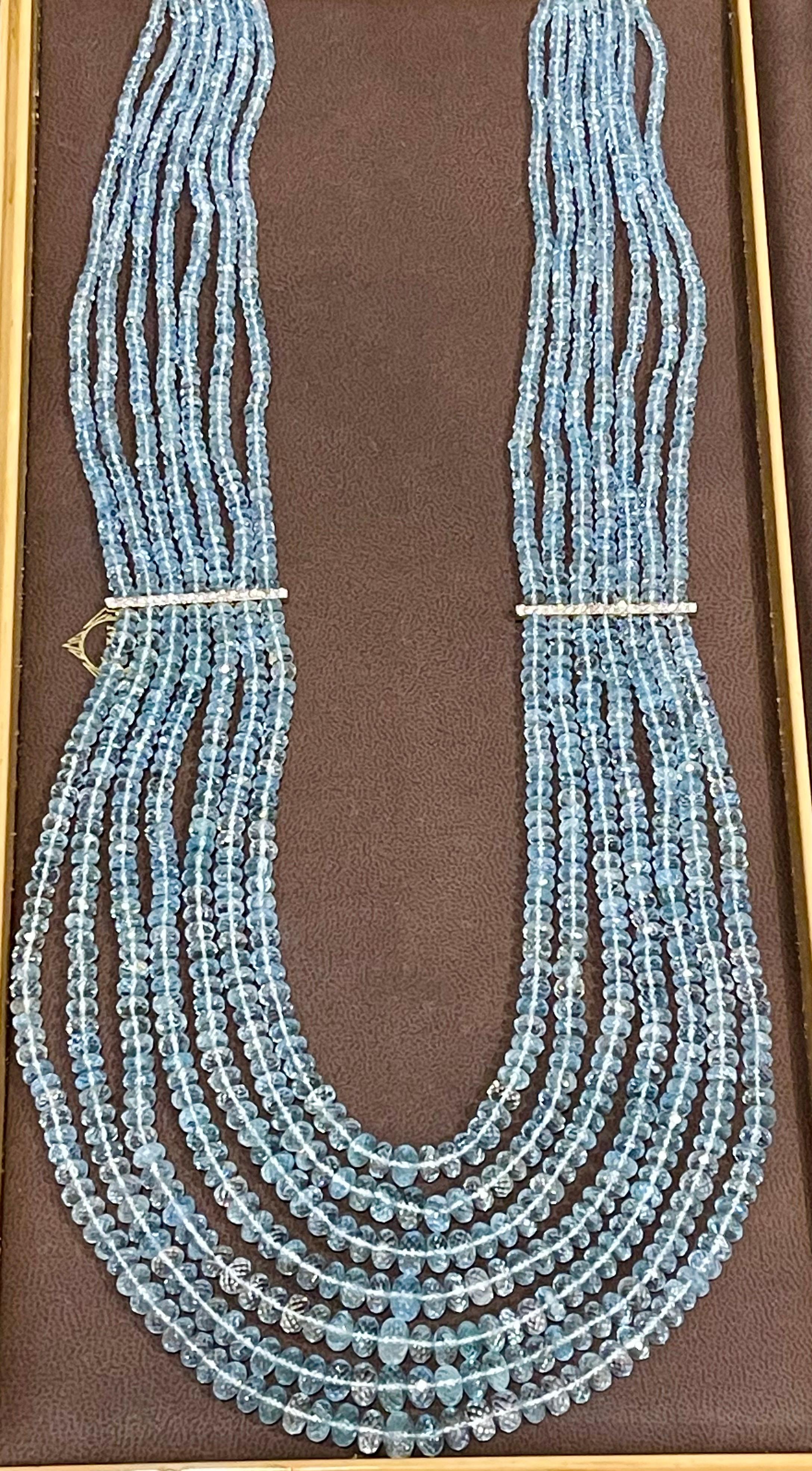 1000 Ct 7 Layer Natural Aquamarine Bead Necklace 14 Kt Gold and Diamond Necklace For Sale 2