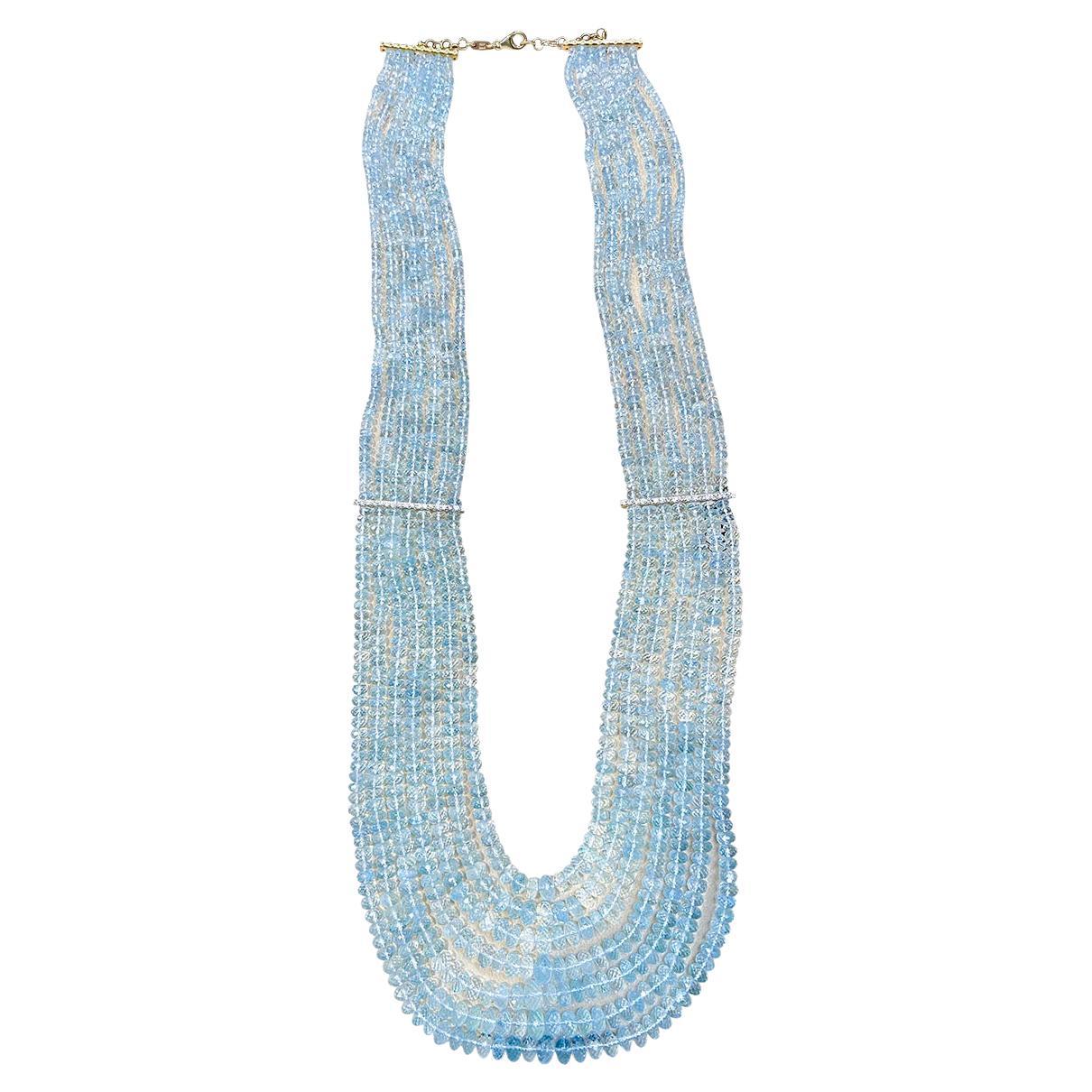 1000 Ct 7 Layer Natural Aquamarine Bead Necklace 14 Kt Gold and Diamond Necklace For Sale