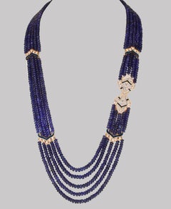 1000 Ct Natural Tanzanite Bead Five Strand Necklace + 4.5 Ct Diamond 14 K Y Gold