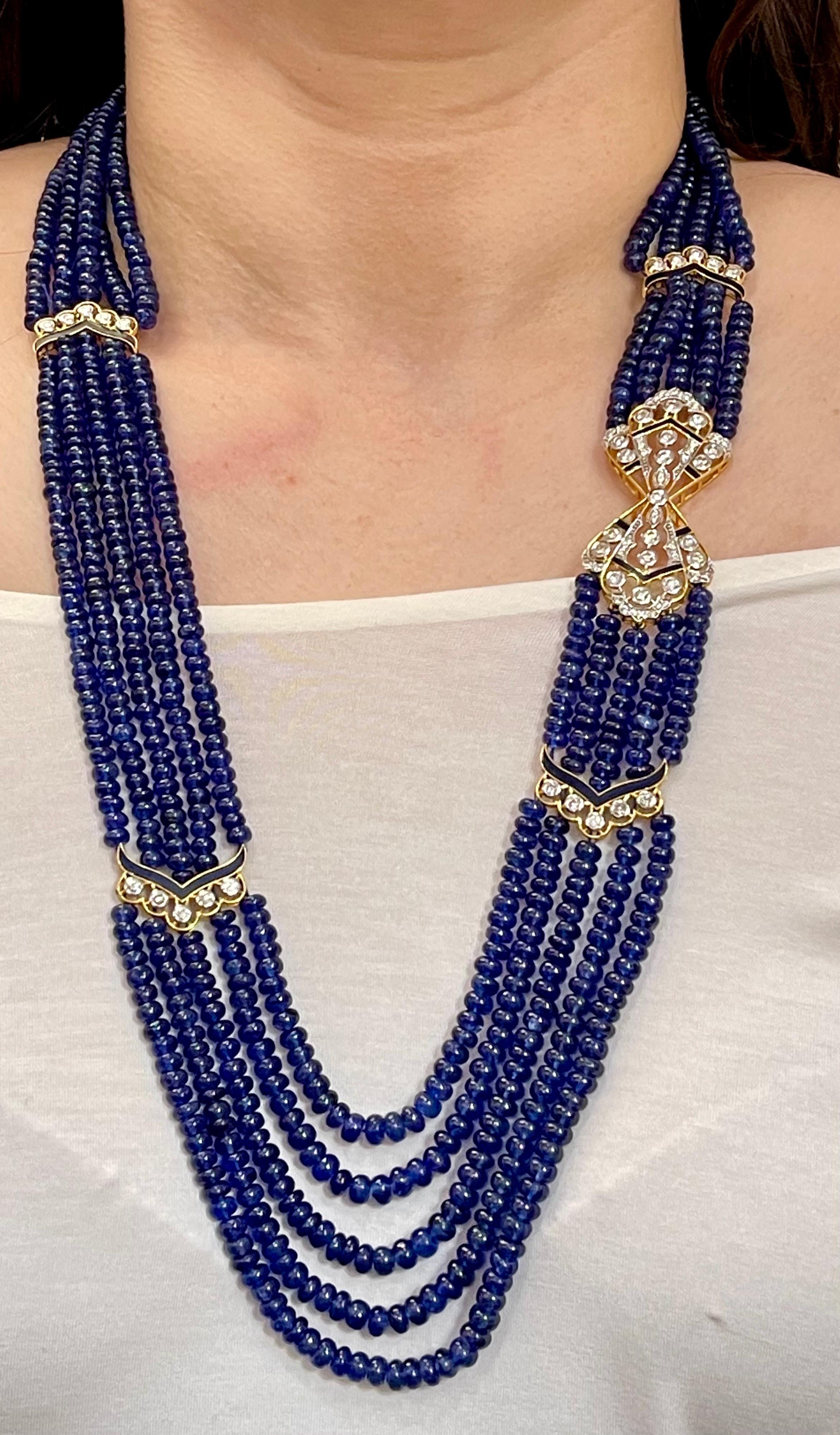 1000 Karat natürlicher Tansanit Perlen Fünfstrang Halskette + 4,5 Karat Diamant 14 K Y Gold Damen im Angebot