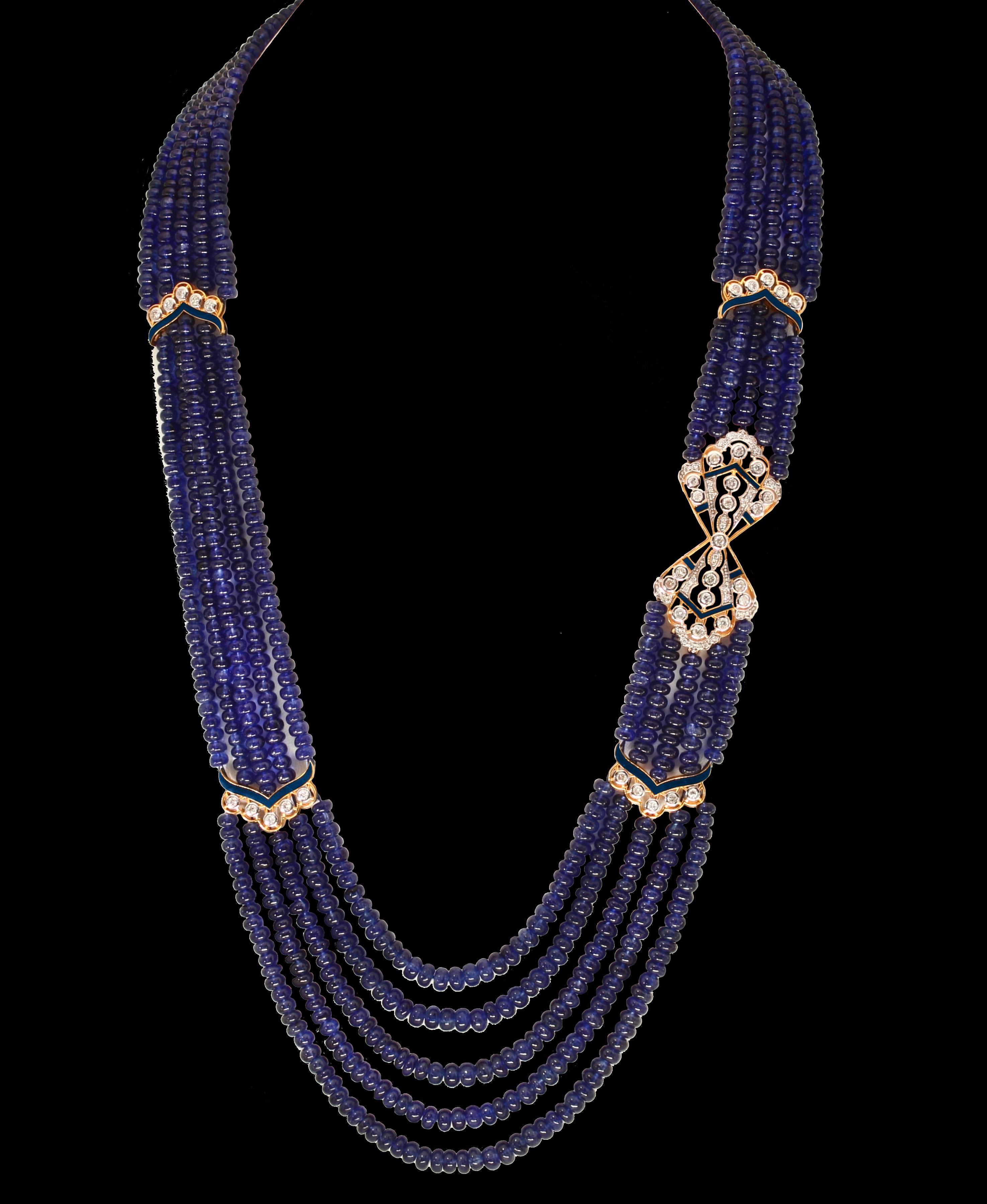 1000 Karat natürlicher Tansanit Perlen Fünfstrang Halskette + 4,5 Karat Diamant 14 K Y Gold im Angebot 1