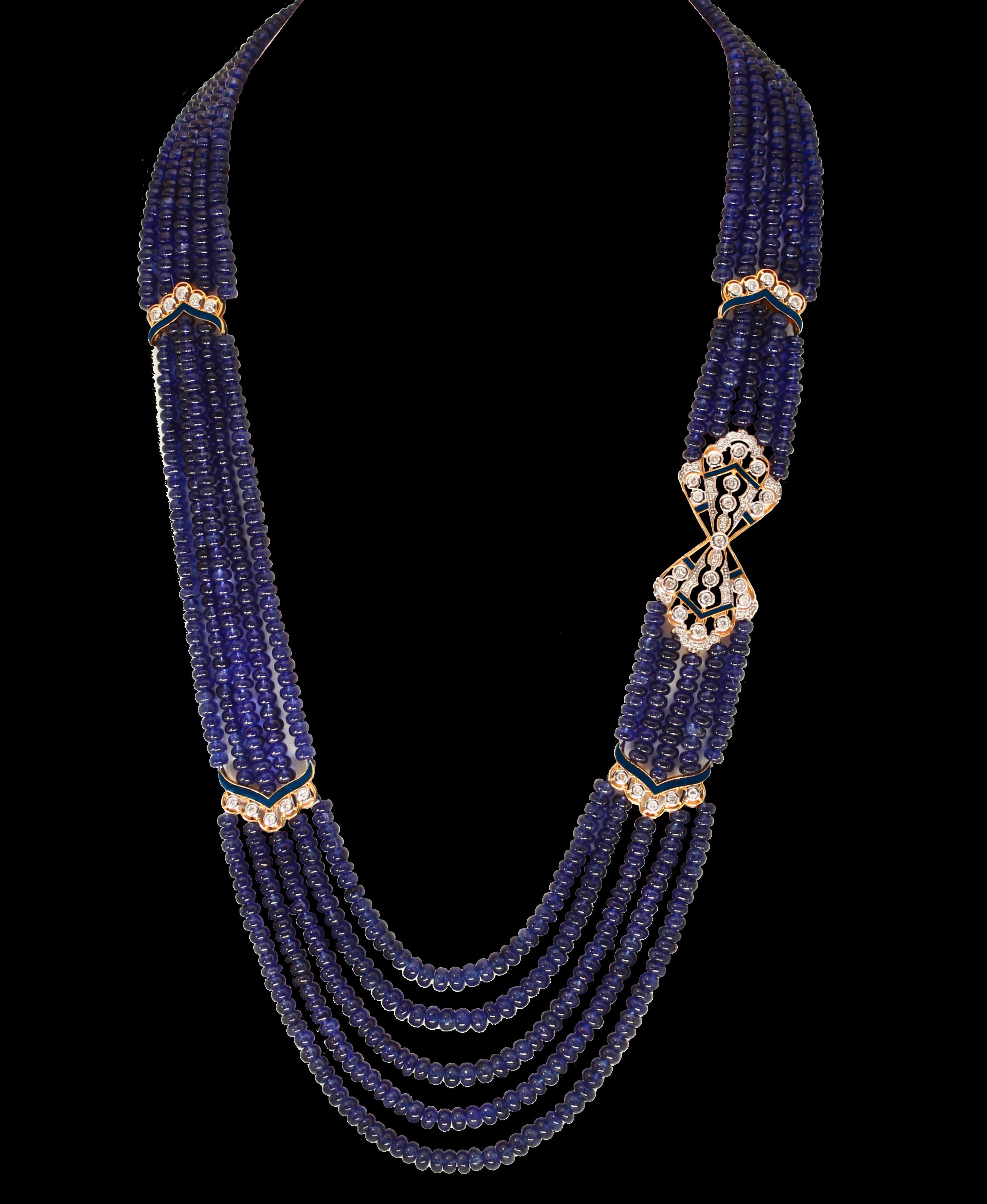 Collier à cinq rangs de perles de tanzanite naturelle 1000 carats + diamants 4,5 carats en or 14 carats Pour femmes en vente
