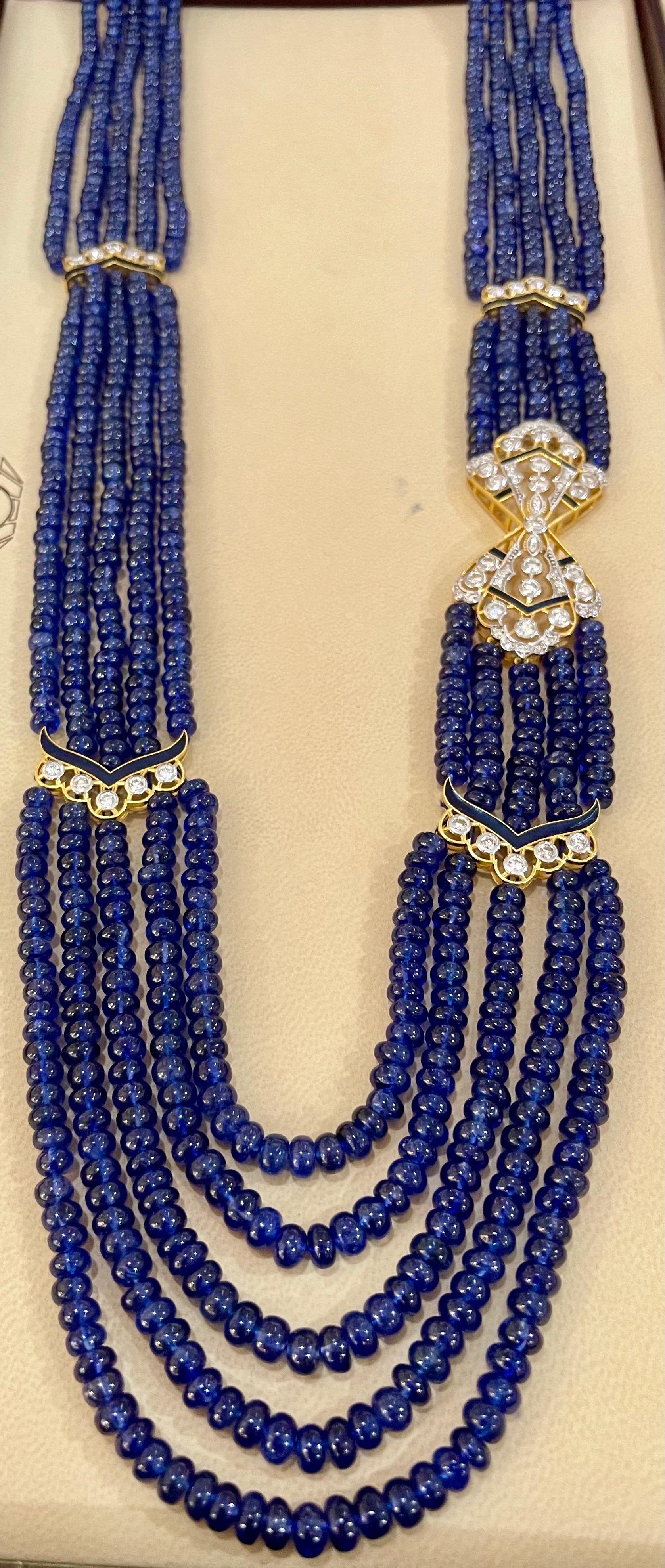1000 Ct Natural Tanzanite Bead Five Strand Necklace + 4.5 Ct Diamond 14 K Y Gold In Excellent Condition For Sale In New York, NY