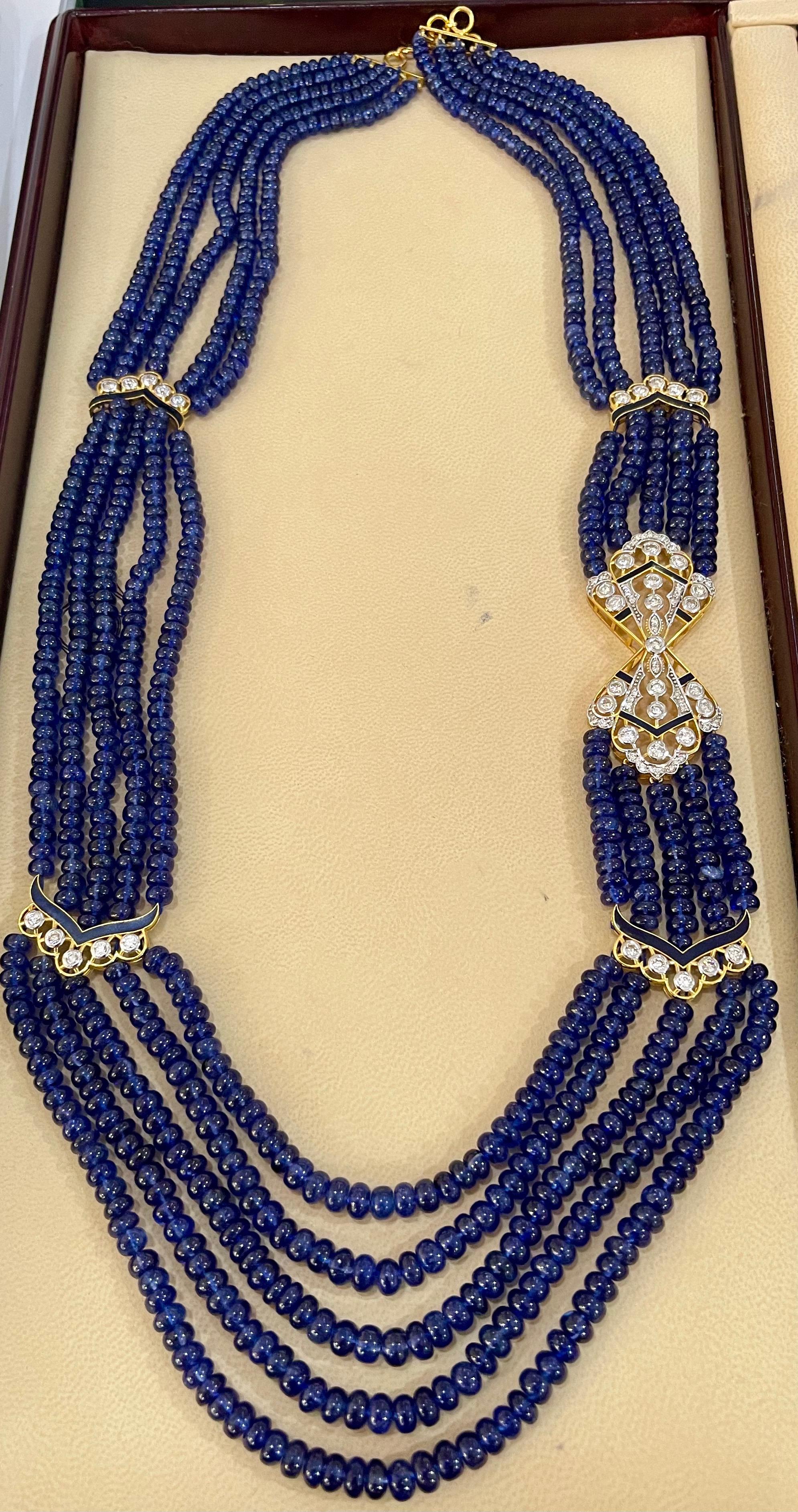 Women's 1000 Ct Natural Tanzanite Bead Five Strand Necklace + 4.5 Ct Diamond 14 K Y Gold For Sale