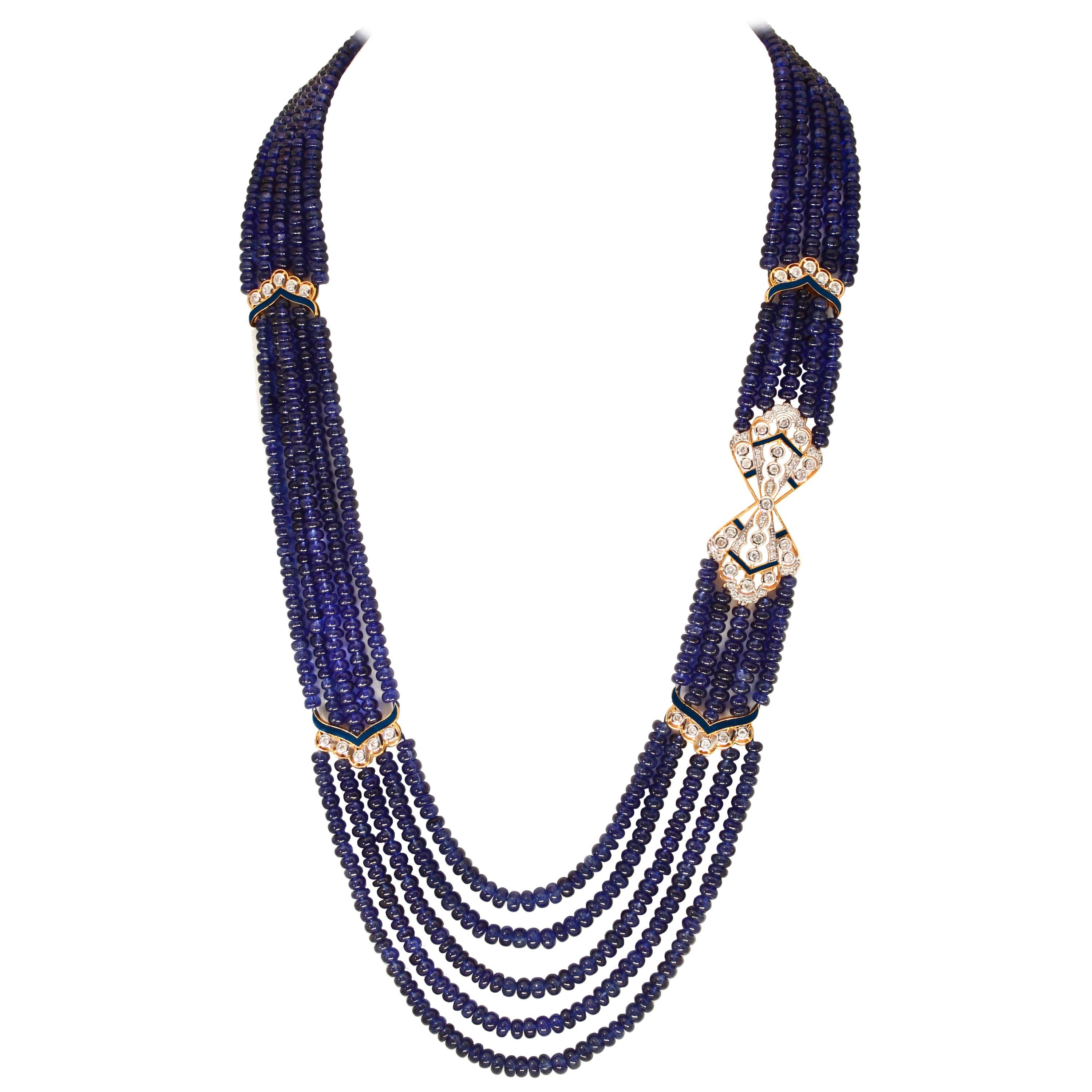 Collier à cinq rangs de perles de tanzanite naturelle 1000 carats + diamants 4,5 carats en or 14 carats