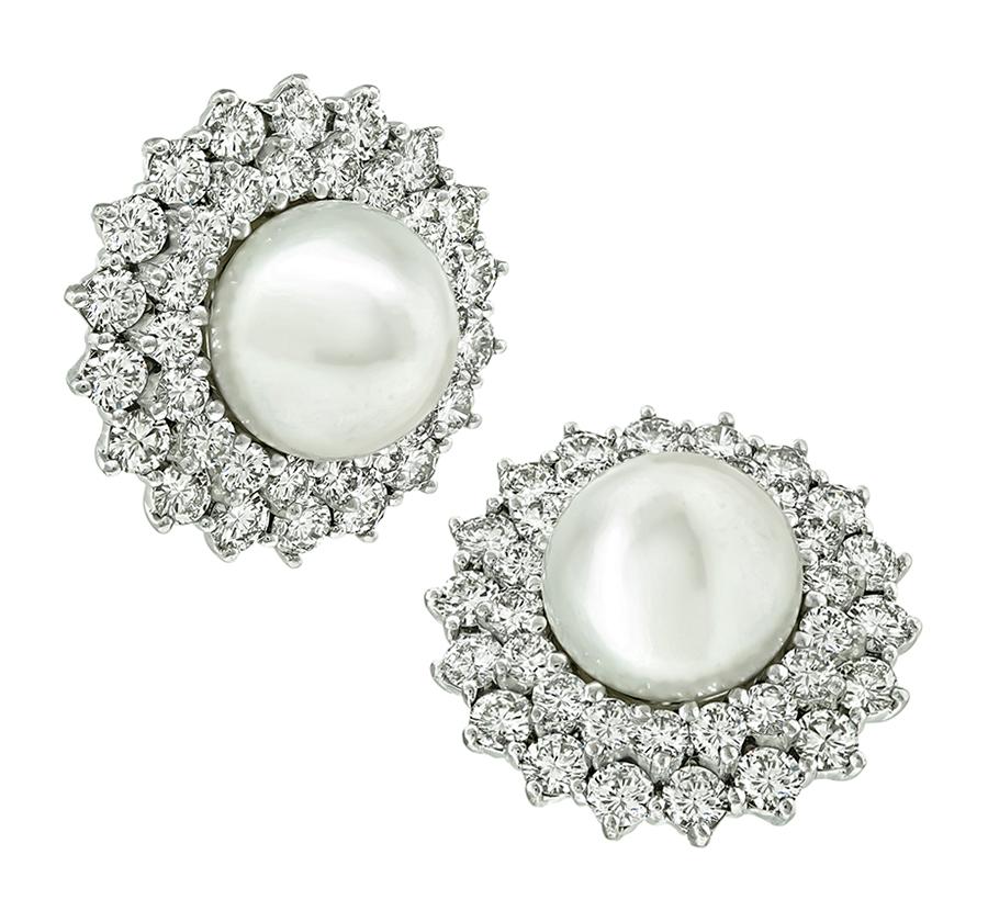 Round Cut 10.00ct Diamond Pearl Earrings For Sale