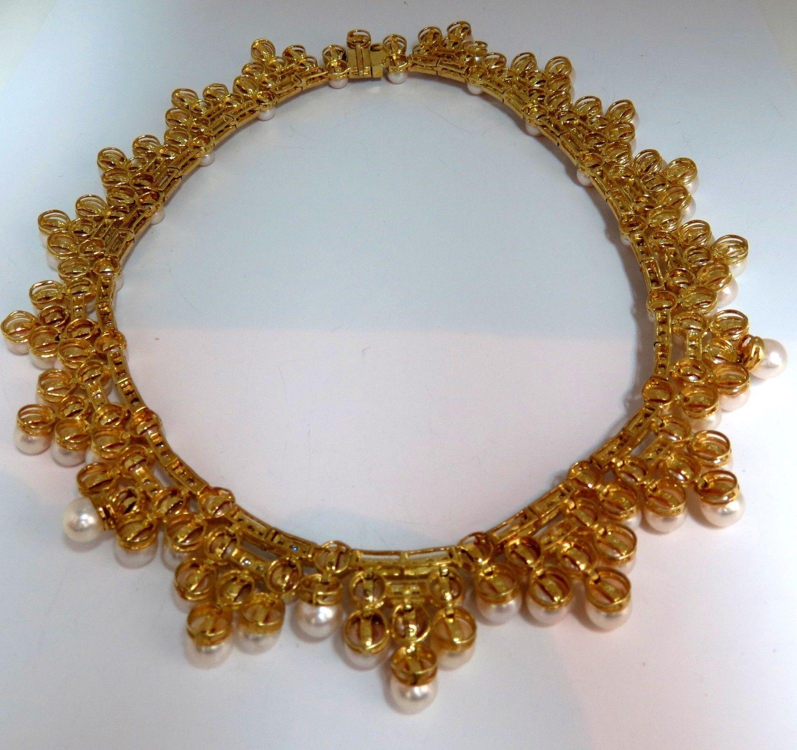 Taille ronde 10.00ct Diamants Naturels & Perles Akoya 18kt Collier Opera Riviera Deco en vente