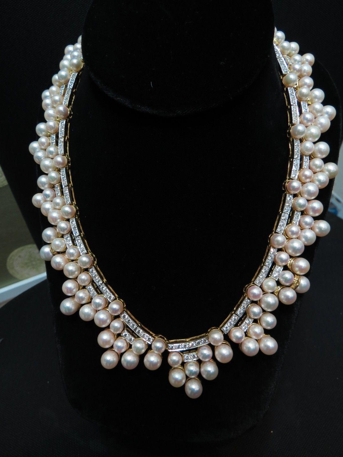 10.00ct Diamants Naturels & Perles Akoya 18kt Collier Opera Riviera Deco Neuf - En vente à New York, NY