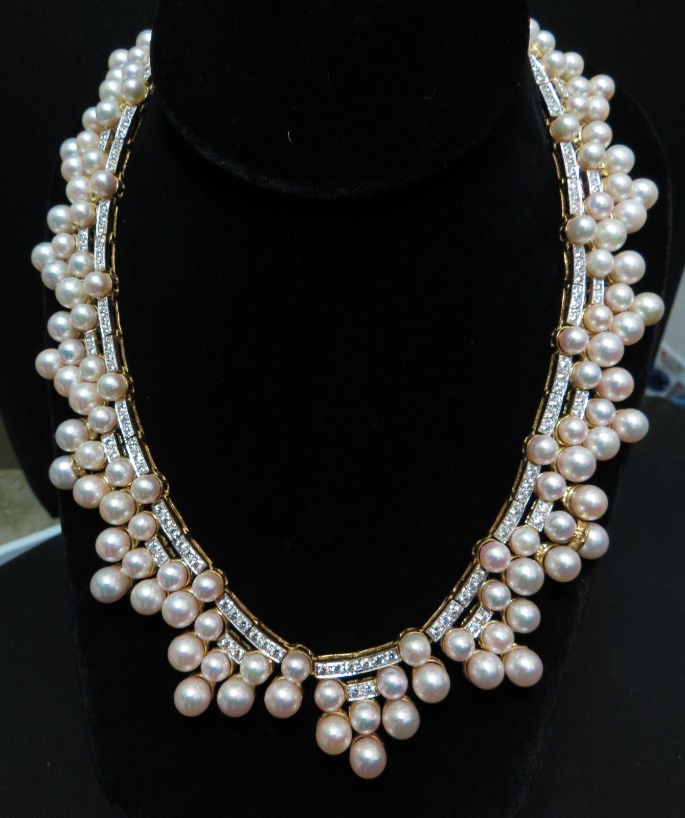 10.00ct Diamants Naturels & Perles Akoya 18kt Collier Opera Riviera Deco Unisexe en vente