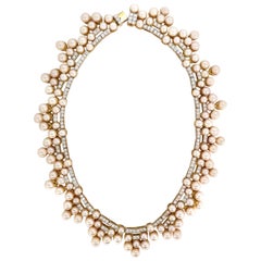 10,00 Karat natürliche Diamanten & Akoya-Perlen 18kt Halskette Opera Riviera Deco