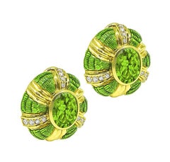 10.00ct Peridot 0.70ct Diamond Enamel 18k Yellow Gold Earrings