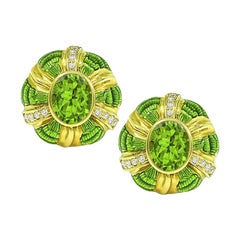 10.00ct Peridot 0.70ct Diamond Enamel 18k Yellow Gold Earrings