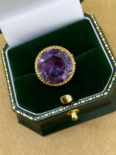 10.00ct Round Royal Purple Amethyst Solitaire Retro Ring in 14K Yellow Gold