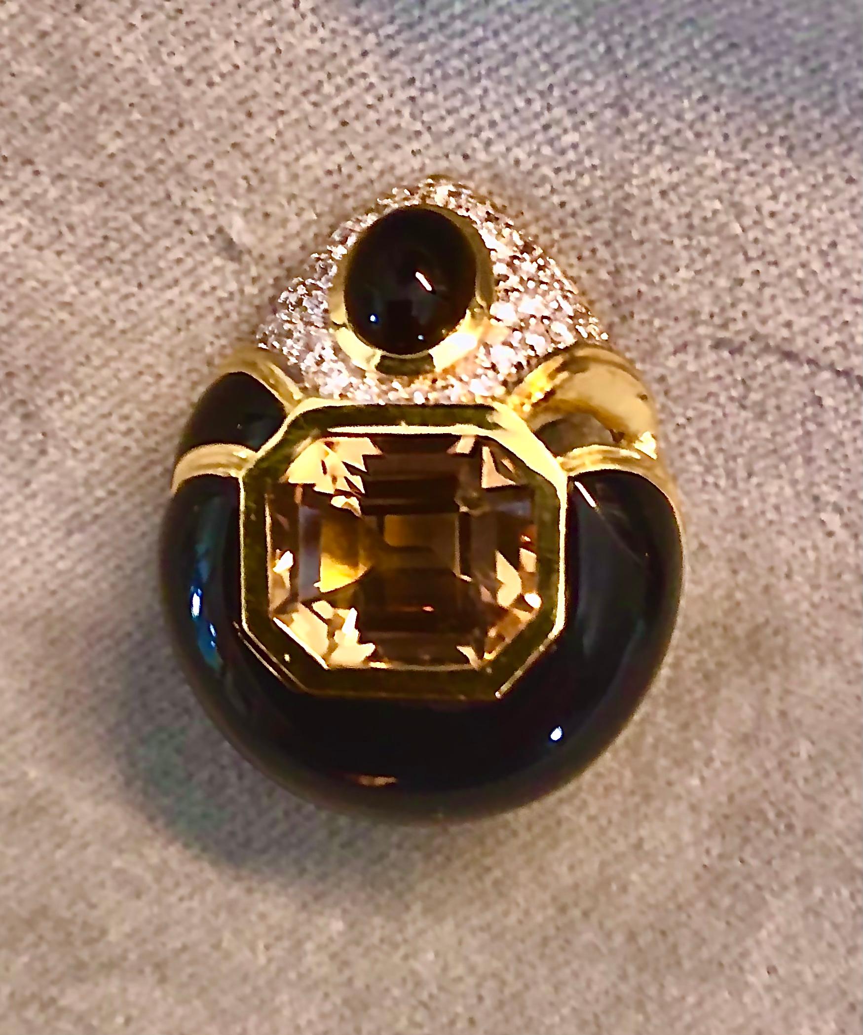 Emerald Cut 10.00ctw Citrine, 2.70ctw Diamond, Onyx 18K Ear Clips For Sale